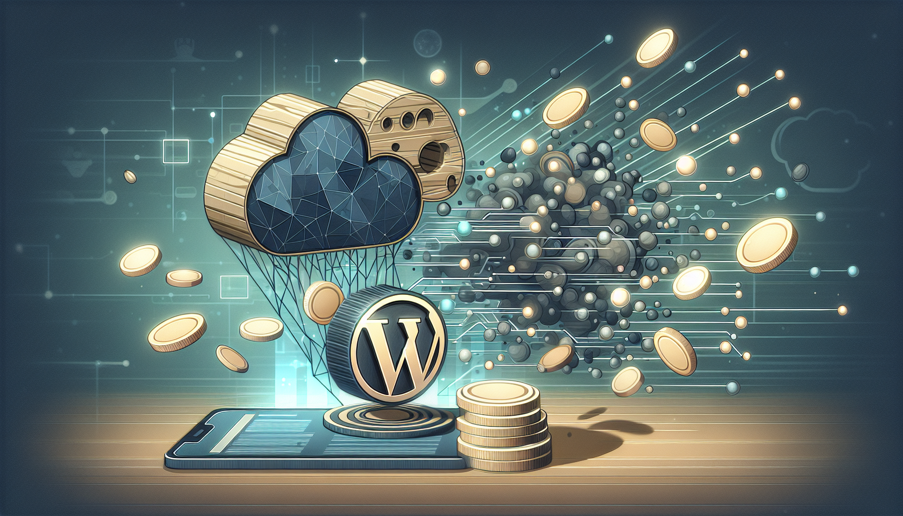 An illustration to depict the process of integrating online payments into a website. The scene portrays a WordPress symbol and some abstract representations of payment transactions. The WordPress symbol is positioned on the left side of the image, represented via stylized 'W' in muted colors. Towards the center and right side, render a cascade of abstract tokens or coins falling from a digital 'cloud' formation, suggesting digital payments. Make sure no people or recognizable brand logos are included. The overall atmosphere of the image should suggest the modern web and technology.