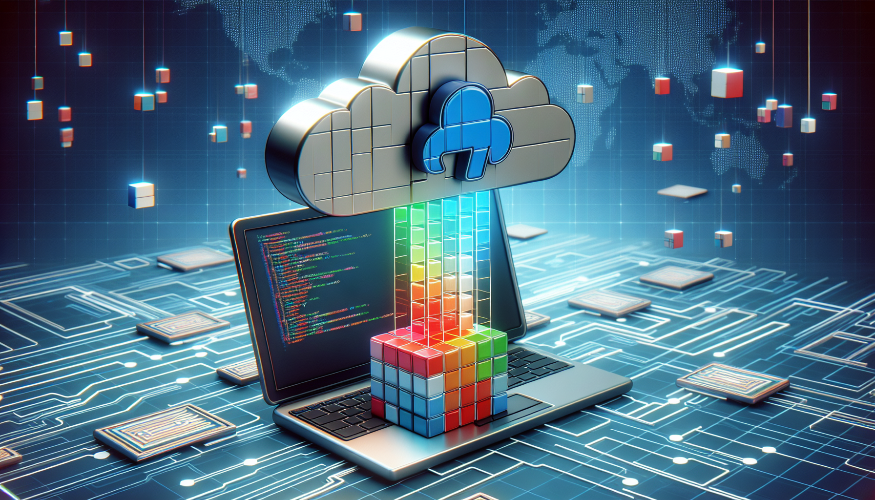A detailed representation of an abstract concept where data packets represented by colorful cubes are flowing up from a laptop towards a hovering cloud, indicating file upload. A stylized mini PHP logo (similar to an elephant, as a subtle reference) is present on the laptop screen. The scene is related to technology and software development, with a modern and sleek appearance. The atmosphere is futuristic and digital, devoid of any human presence.