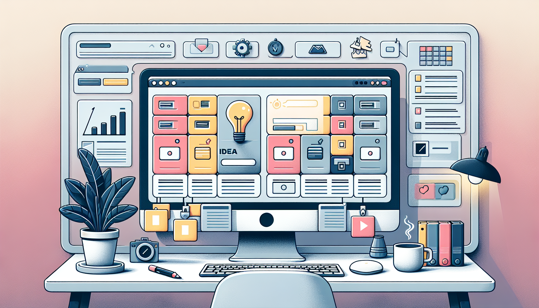 An illustration showing the backend of a generic website content management system. It focuses on an interactive calendar module populated with various colored blocks, representing different events. Each block displays a lightbulb icon, symbolizing the 'idea' or 'event'. All around, there are tools and elements typical of a blogging platform such as toolbars and editing menus, but no recognizable brand logos. The interface appears on a computer monitor sitting on a minimalist desk, beside a plant and a cup of coffee, expressing the calm of a productive workspace. The scene is filled with soft ambient lighting.