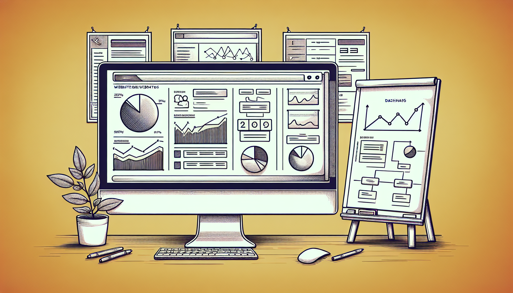 Generate an image representation for a website customization tutorial, specifically focused on dashboard widgets for website statistics. Picture an unbranded computer monitor displaying a generic, minimalist dashboard interface. The dashboard is decorated with various types of statistical widgets like bar graphs, line charts, and pie charts, each representing different aspects of website data. None of the data points or labels are visible, leaving only the shapes and colors of the graphs. Beside the monitor, sketch a simple flowchart drawn on a whiteboard, representing the process of creating such widgets. No text or people are included in the scene.