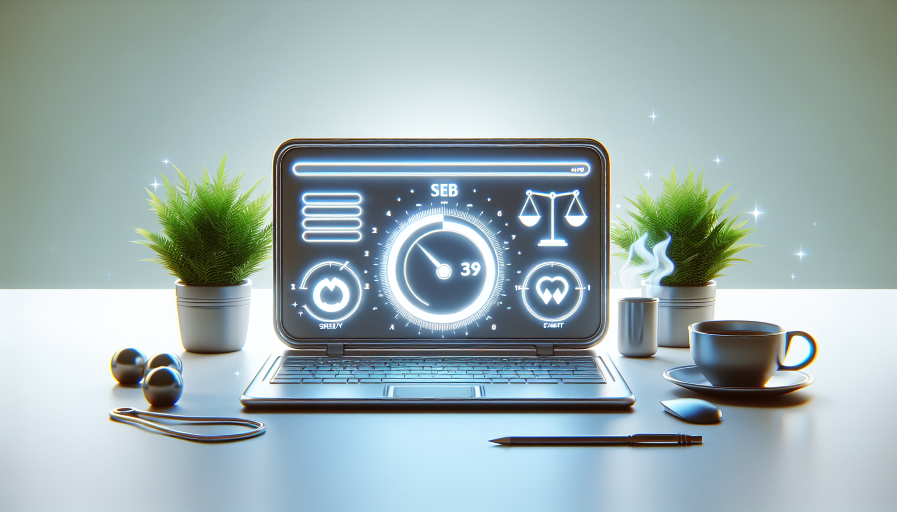 Picture an abstract representation of website optimization. There's a 3D, sleek and modern designed, unbranded laptop open on a clean, minimalist workspace. The laptop's screen displays symbols of speed (like a speedometer), stability (like balanced scales), and user experience (like a happy face emoticon). On the left of the laptop is a small potted plant which adds a touch of greenery and calm. To the right, there's a cup of steaming coffee, implying the start of productive work. The overall scene radiates a sense of calm and focused work.