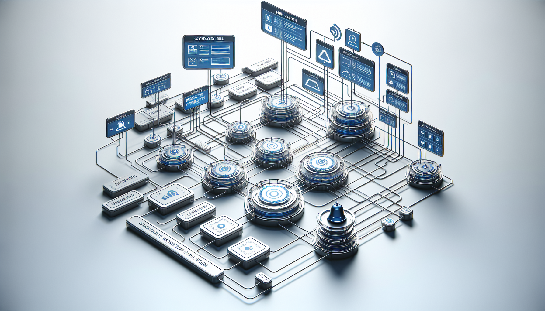 An image showcasing the infrastructure of a site-wide notification system in an ambiguous content management platform. Visualize clear and structured flowchart elements, including different informational nodes and connecting lines representing web data flow. Incorporate a notification bell at each node, implying the essential components of a notification system. The overall tone should be technological and professional with major hues being blue and silver. Keep the background white, clean, and minimalist to convey sophistication.