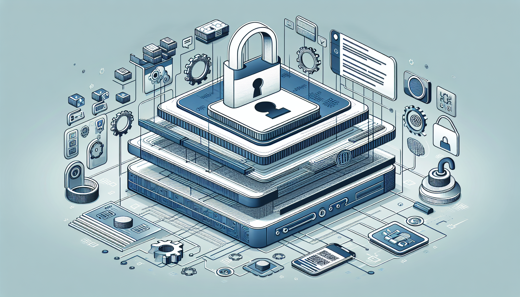 An image showing a symbolic representation of two-factor authentication being added to a generic, non-branded CMS for improved security. The illustration contains an abstracted lock, demonstrating increased security, and a layered structure, indicative of two-level authentication. Apart from that, symbols denoting technology, coding or software like cogs, gears, brackets or binary code are scattered around subtly. No people or text are present in the image. Also, no brand names or logos are visible within the scene.