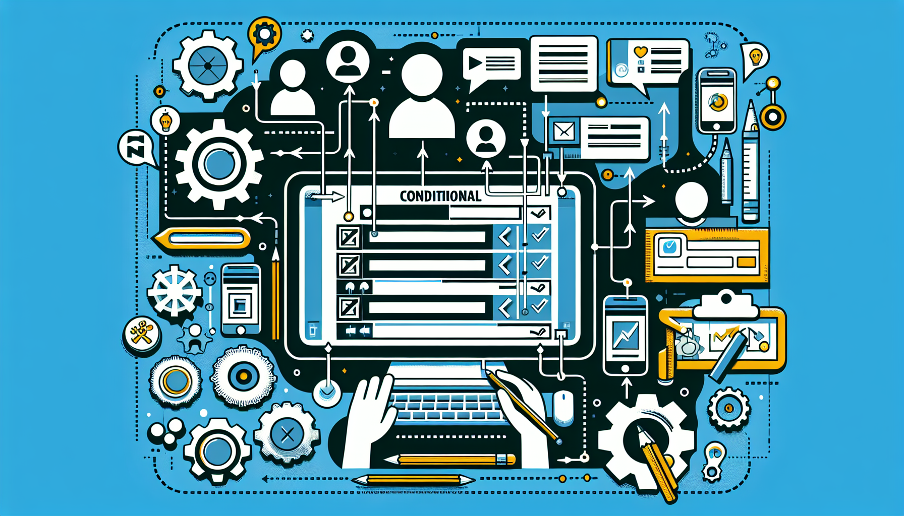 An imagery representing the concept of creating conditional menus in a website's backend system. It should depict a computer screen showing a webpage editor with multiple menus filled with generic items, icons representing user roles, and conditional statements in form of flowcharts or diagrams. In the background, gears or other symbols of programming or website building can be seen to represent the backend operations. Additionally, some arrows or dotted lines can be shown to indicate the connection or interaction between user roles and menus. There should be no people, text, brand names or logos in the image.