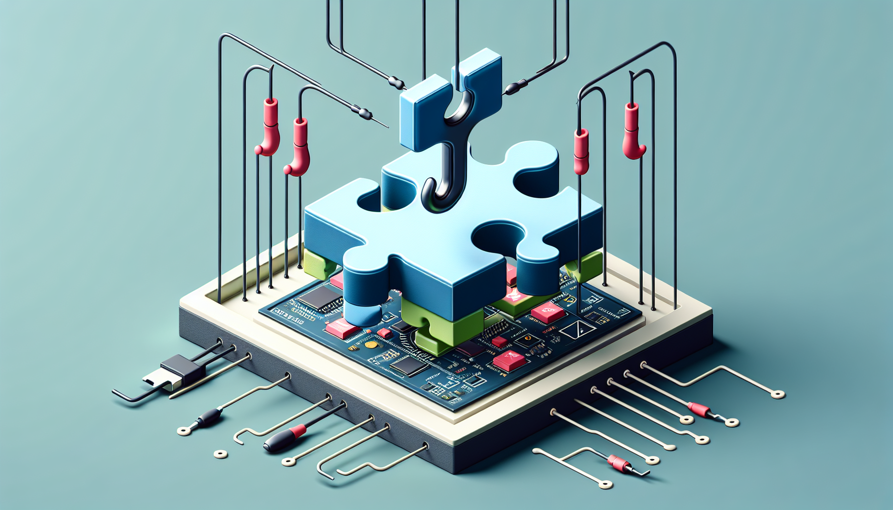 An abstract representation of a custom payment gateway being added to a generic online store platform using hooks. Demonstrate this process with visually symbolic elements like plug-ins symbolized by jigsaw puzzle pieces fitting into a platform represented by a 3D electronic motherboard. Illustrated hooks physically link the puzzle piece to the motherboard to indicate the process of integration. There should not be any people, text, brand names, or logos present in this clean and minimalistic digital artwork.