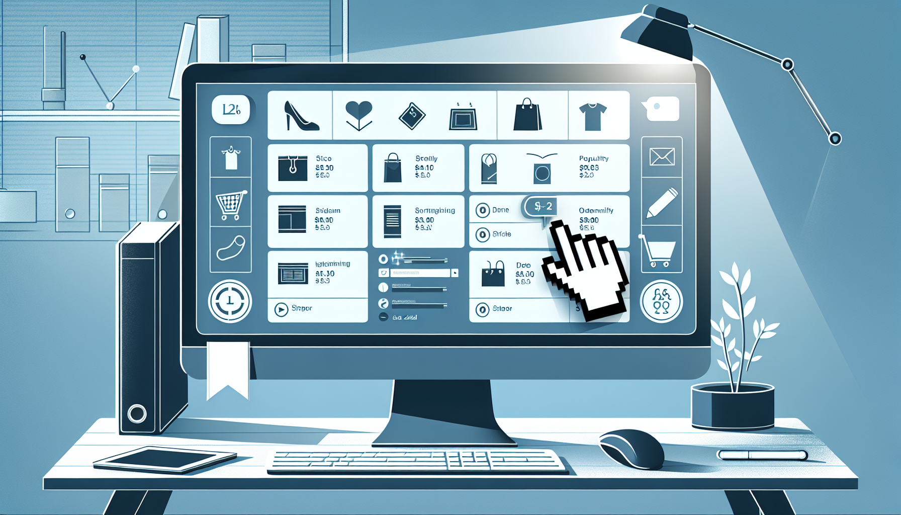 An illustration of a computer monitor displaying a graphical representation of a product list. The items on the list are represented by simple geometric shapes to avoid brand names or logos. There's a digital hand cursor hovering over an arrow that indicates different sorting options available, such as price, popularity, or date added. The overall feeling of the image should invoke a sense of organization and customization, reflecting effective product management in an online commerce spirit. The setting is a minimal and modern workspace with no people present.