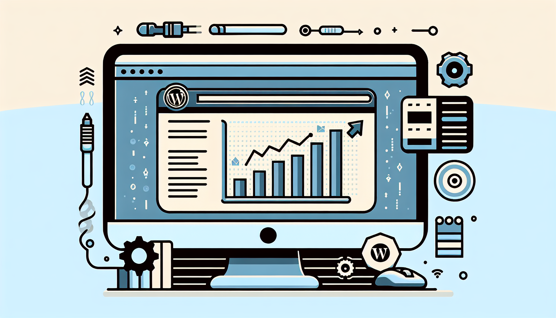 Illustrate an image of a computer with Wordpress website interface opened on the screen, but no identifiable text or brand names are shown. The interface is displaying a bar chart symbolizing the rise in post views. There are additional symbols such as gears and coding icons to represent the process of development. The image is clearly dedicated to the concept of tracking post views, but no one is physically present at the computer.