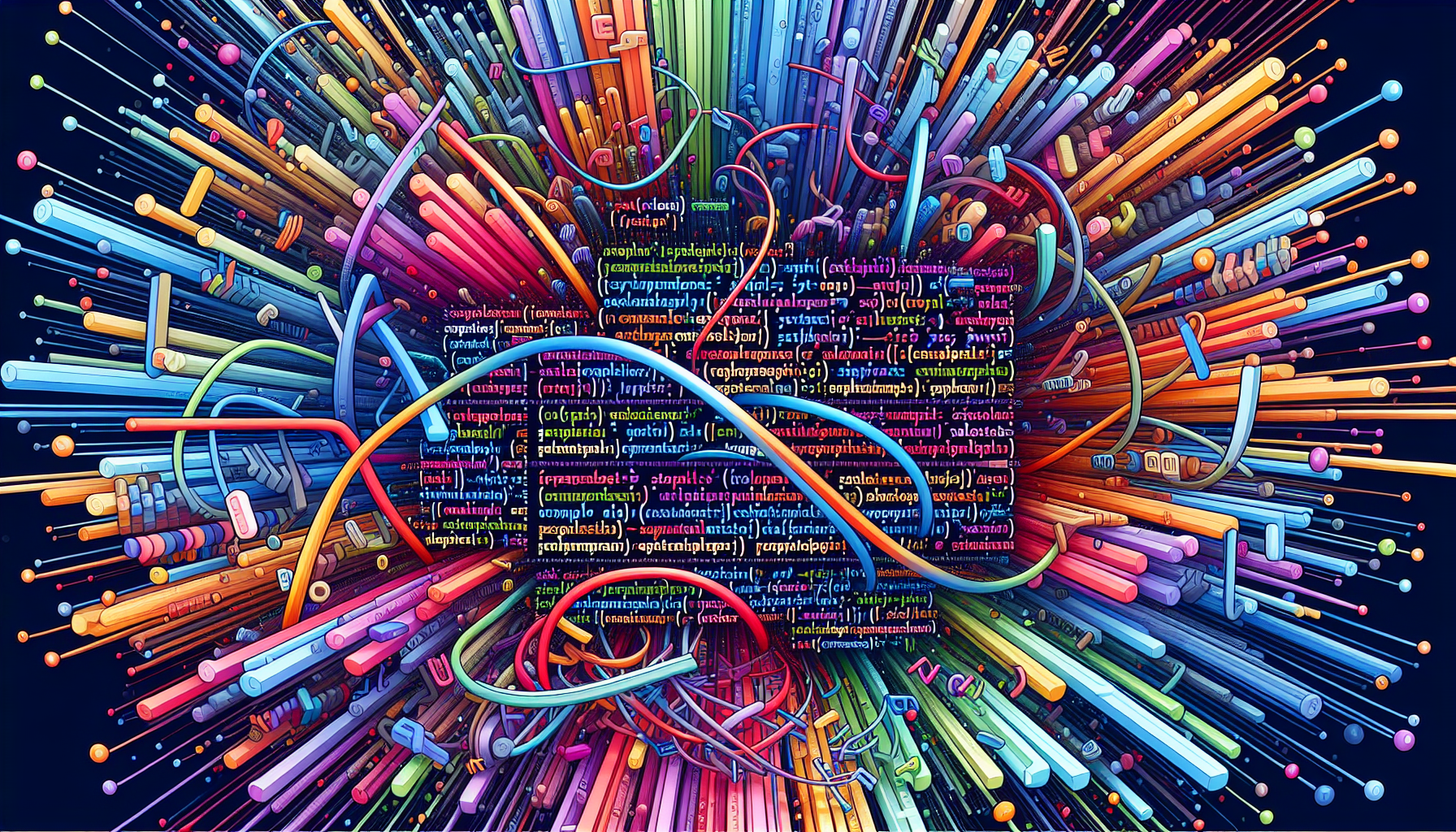 A conceptual illustration depicting PHP string manipulation. The abstract visualization consists of a colorful web of intertwining threads emulating PHP code. Essential functions like 'explode', 'substr', 'strstr' are symbolized via different knots and bends in the threads. Additional threads illustrate regular expressions, comparisons, and searches. The color scheme is vibrant with a digital, technological vibe. No recognizable forms of text, brand names, logos, or figures of people are visible.
