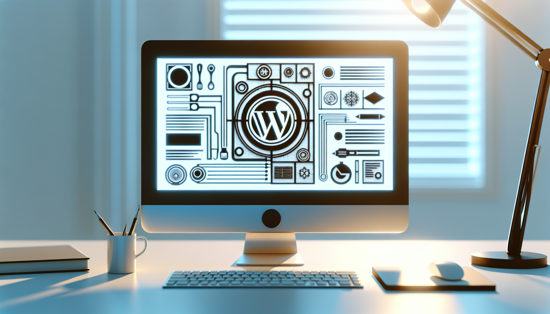 An abstract representation signifying WordPress customization and styling. Image to feature a computer screen displaying a symbolic representation of a websites' structure or navigation enhanced with elegant and unique design elements. Preferably in a light office setting with a soft glow illuminating from the screen. Ensure no textual content, brand names, logos, individuals, or identifiable entities are present. The styling techniques should have a modern, clean, and minimalist aesthetic.