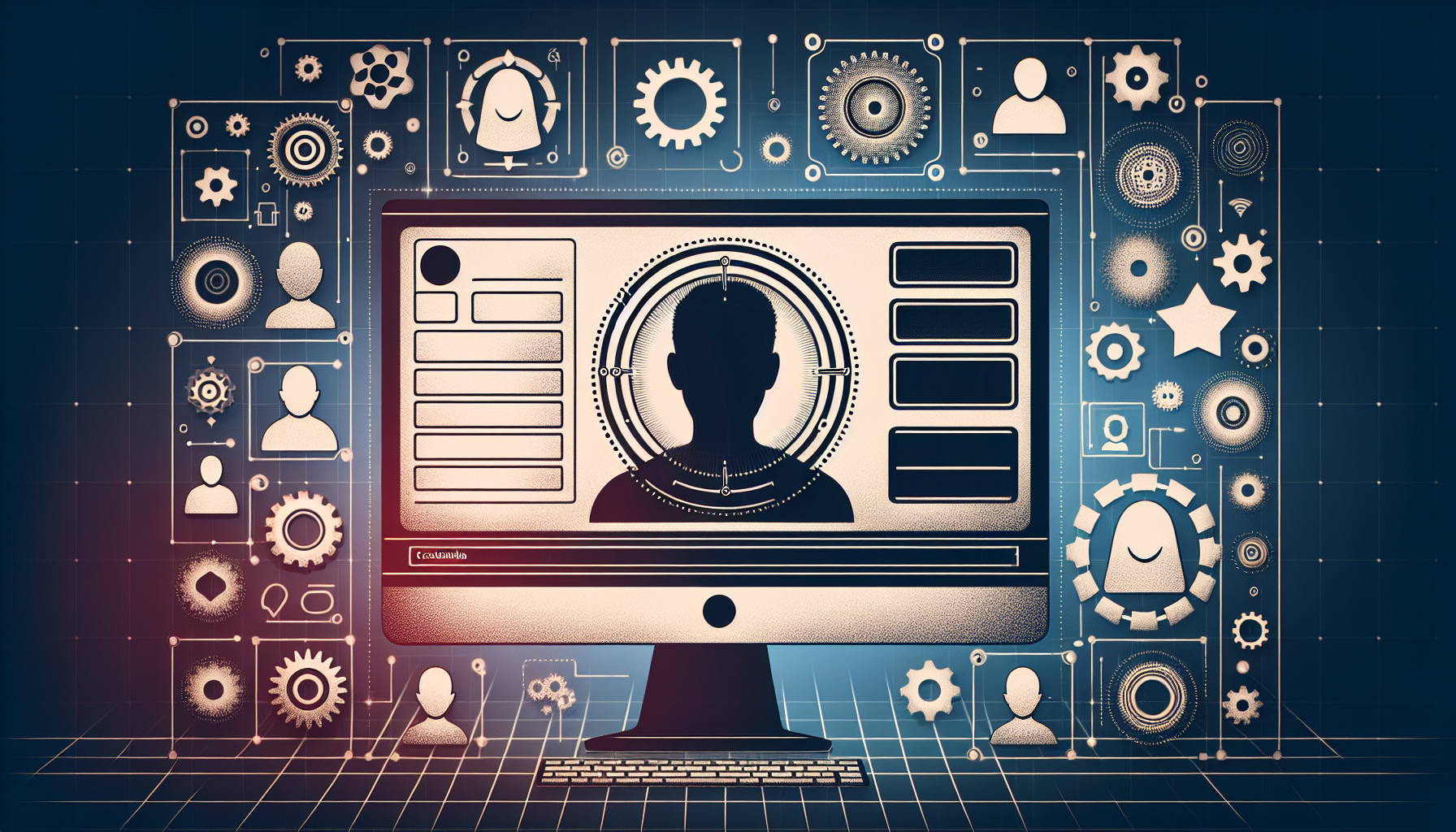 Create an image depicting the concept of customization fields in a user profile system, no brand names or logos included. Imagine a close-up of a computer screen showing an abstract digital form that has empty fields ready to be filled in. Around this screen, visual elements that represent customization, like an array of different shapes and sizes of cogwheels. To emphasize the 'profile' theme, use silhouette or avatar symbols hovering around the form. Careful not to include any humans or text in the images or on any presented items.