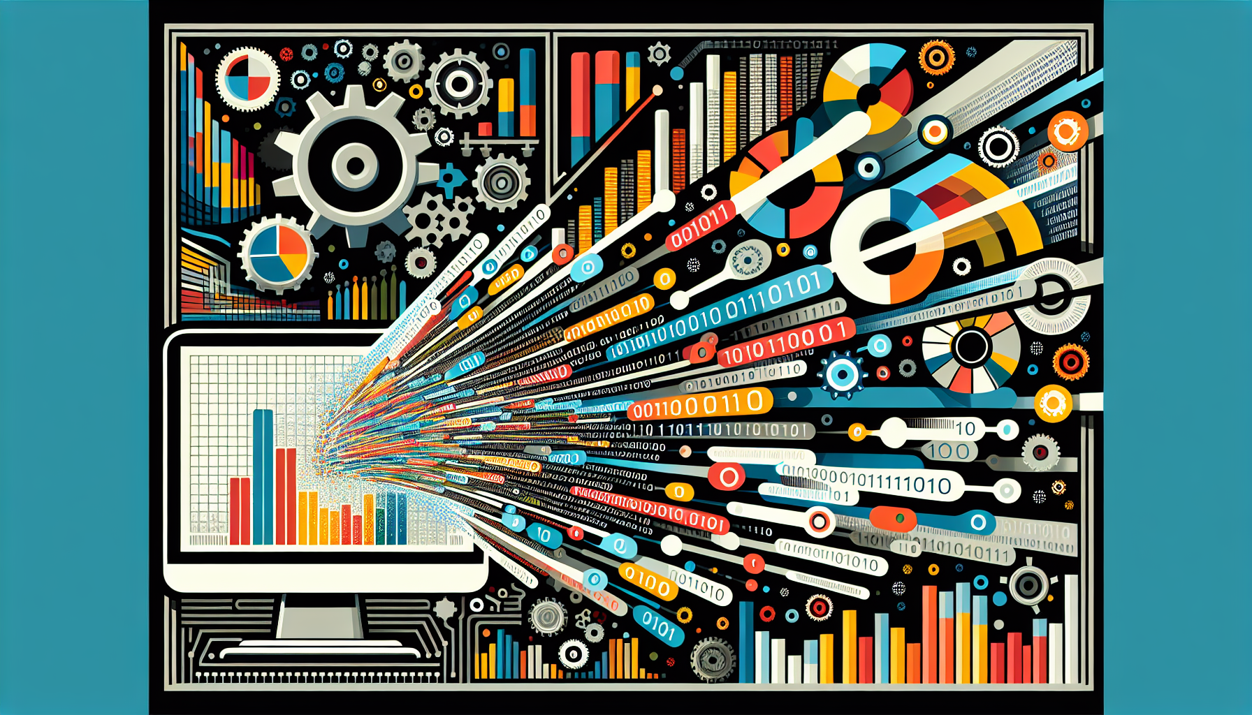 An abstract illustration featuring a burst of binary code (0s and 1s) flowing into a stylized representation of a computer screen displaying a collection of colorful, generic bar graphs and pie charts to symbolize data. To signify automation, include gears and cogs interacting seamlessly in the background. Please keep the colors of the illustration neutral so as not to hint towards any specific brand. Exclude human figures in the design.