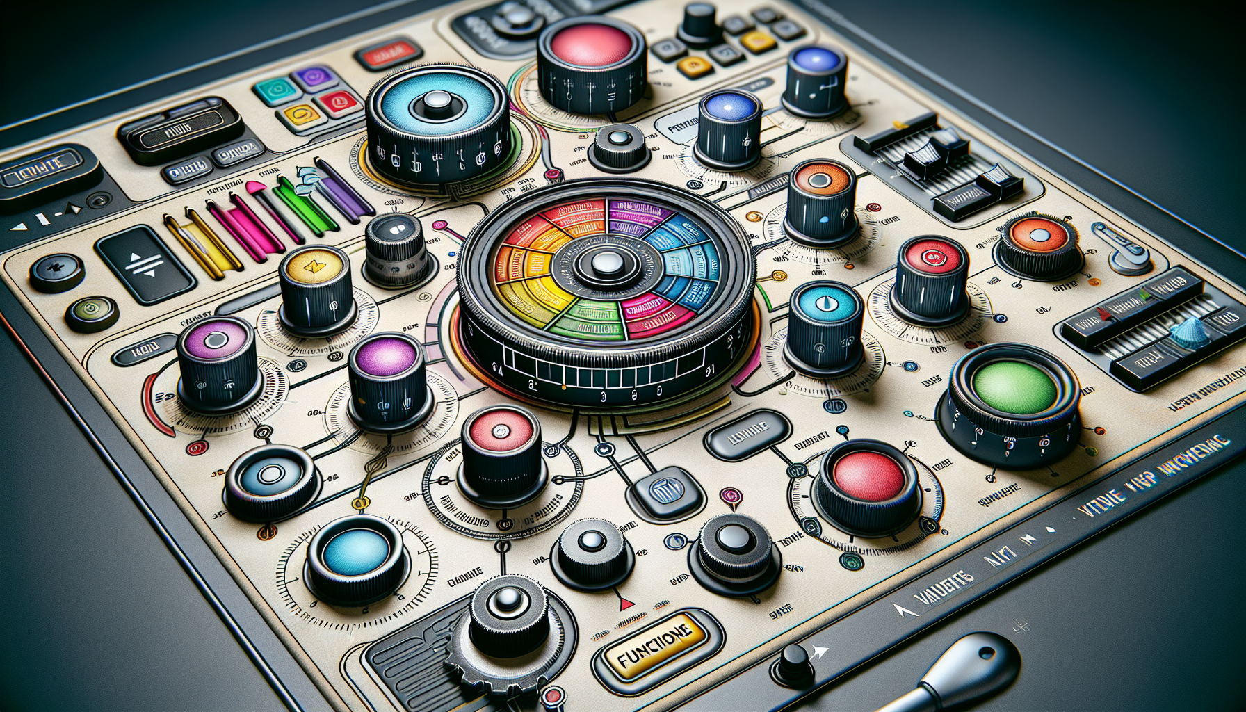 A visually appealing representation of advanced features being added to a generic online media library, akin to WordPress Media Library but devoid of any branded elements. The image should visualize the addition of customized filters, represented by a vibrant array of adjustable sliders, dials and control knobs. Various media types such as photos, videos, and audio clips can be depicted, which are blurred, sharpened, brightened or toned down by the application of these filters. Function buttons, switches, and gears should be included to imply functionality and customization. The image must be void of people, brand names, logos, and any text.