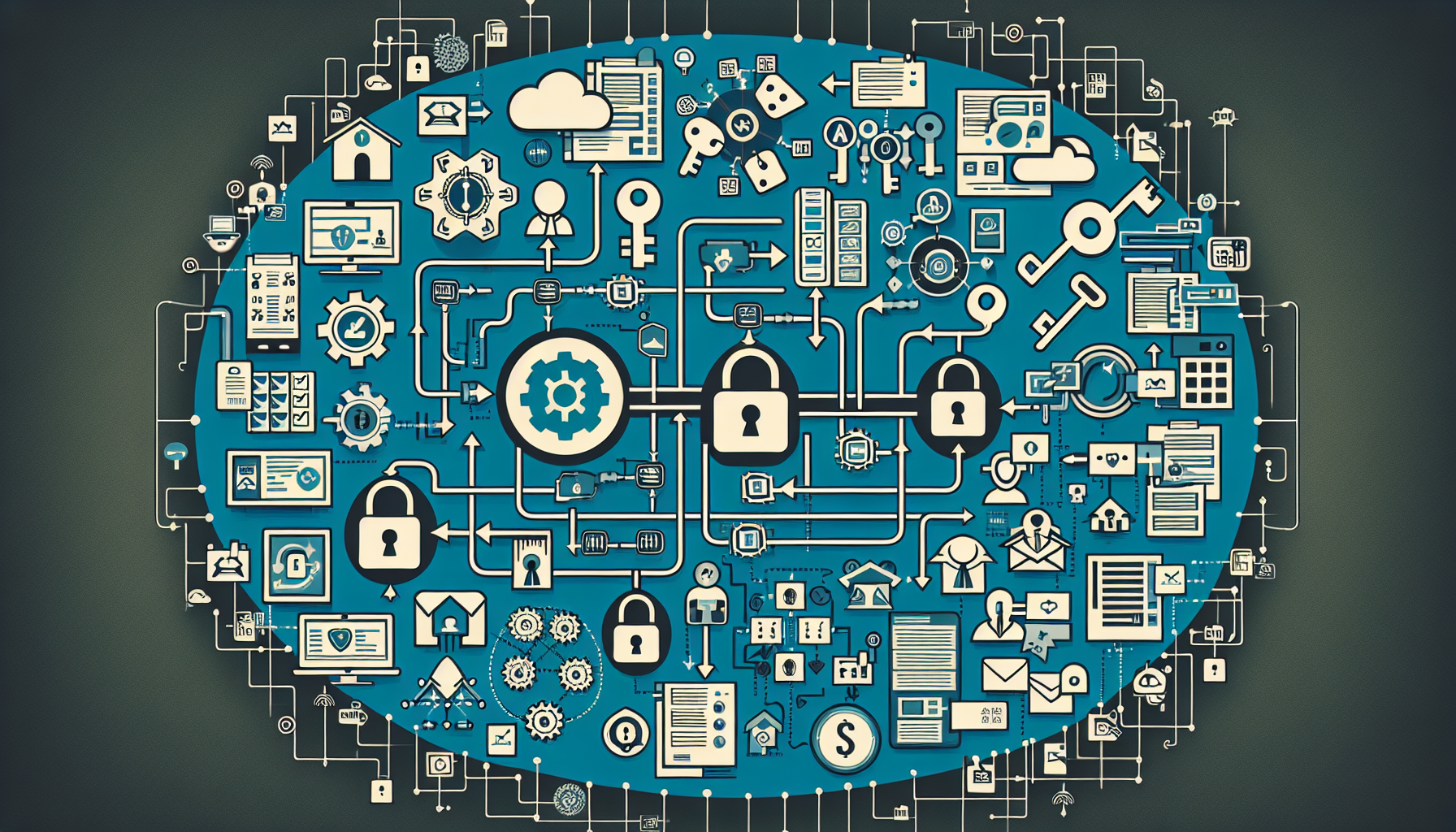 Generate an image representing the concept of role-based access control in the context of a content management system, with no inclusion of any brand names, logos, or people. The picture should illustrate the abstract idea of different levels of access, potentially through the use of symbols like keys, doors, or gates, and a flowchart or diagram could be used to illustrate the concept of tiered system access. The image should also avoid containing any text, including on objects. As an added challenge, ensure that the image transmission does not contain the user above-mentioned phrases or terms.