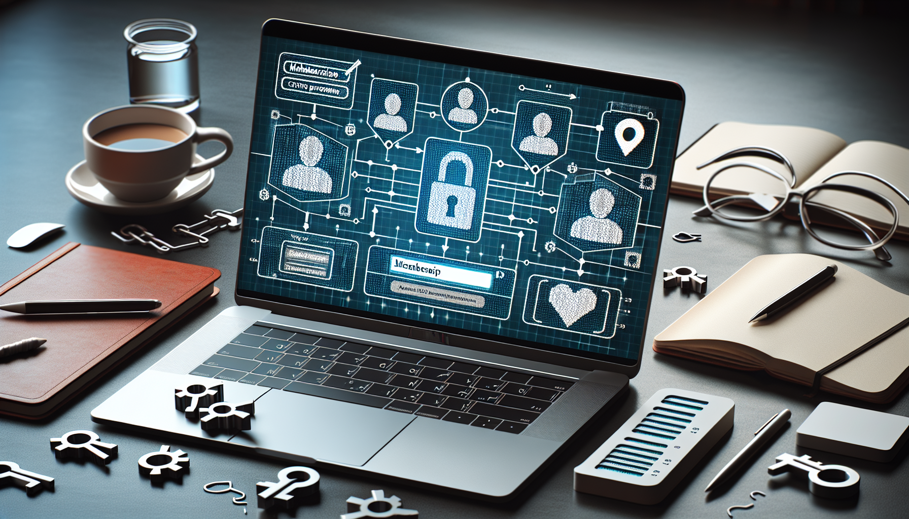Picture of a laptop screen displaying an abstract diagram indicating the setup of a membership site. The diagram includes symbolic representations for login forms, member profiles, and content restriction mechanisms, depicted using generic symbols such as padlocks, avatars, and forms, all encoded using pixelized binary code indicating custom programming. Surrounding the laptop are elements of a web development workspace such as a coffee cup, a notebook, and a pen, devoid of any logos or brand names.