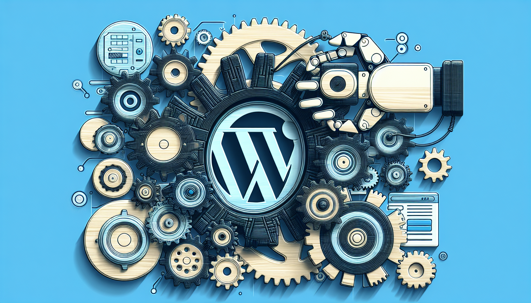 Generate an image that represents the process of adding custom capabilities to WordPress user roles programmatically. Visualize an abstract concept of WordPress, represented as a large, complex gear mechanism, and a set of smaller gears symbolizing different user roles. Show another gear representing custom capabilities being integrated into the user roles by a robotic arm, which stands for programmatically. Make sure no human figures, text, brand names, or logos appear in the image. The overall color scheme should be shades of blue and white, representing the familiar aesthetic of WordPress, but without their official logo.