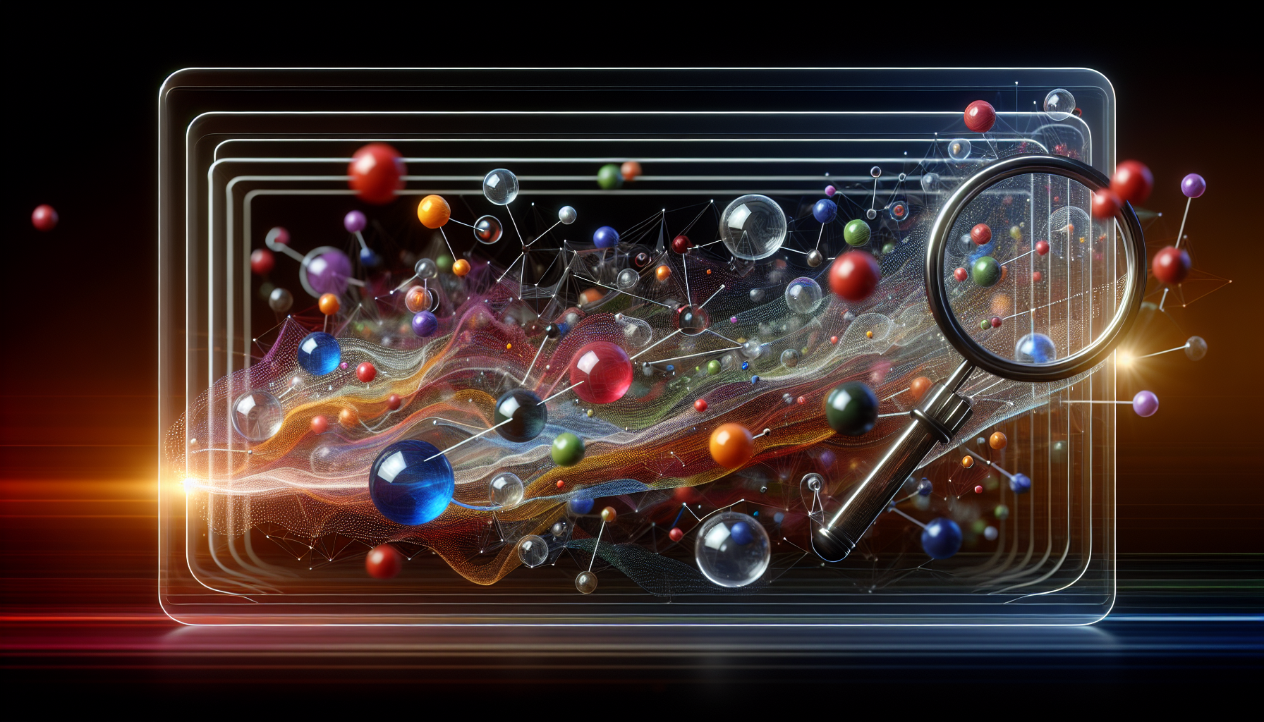 An abstract visualization of an advanced search processing flowing through various filters represented by multicolored transparent spheres. A variety of connected data points in the background representing user data, and a foreground showing a symbolic representation of a minimalist, sleek search bar without any brand name or logos. Ensure the aesthetics are cohesive, modern, and technology-inspired, devoid of any human presence.