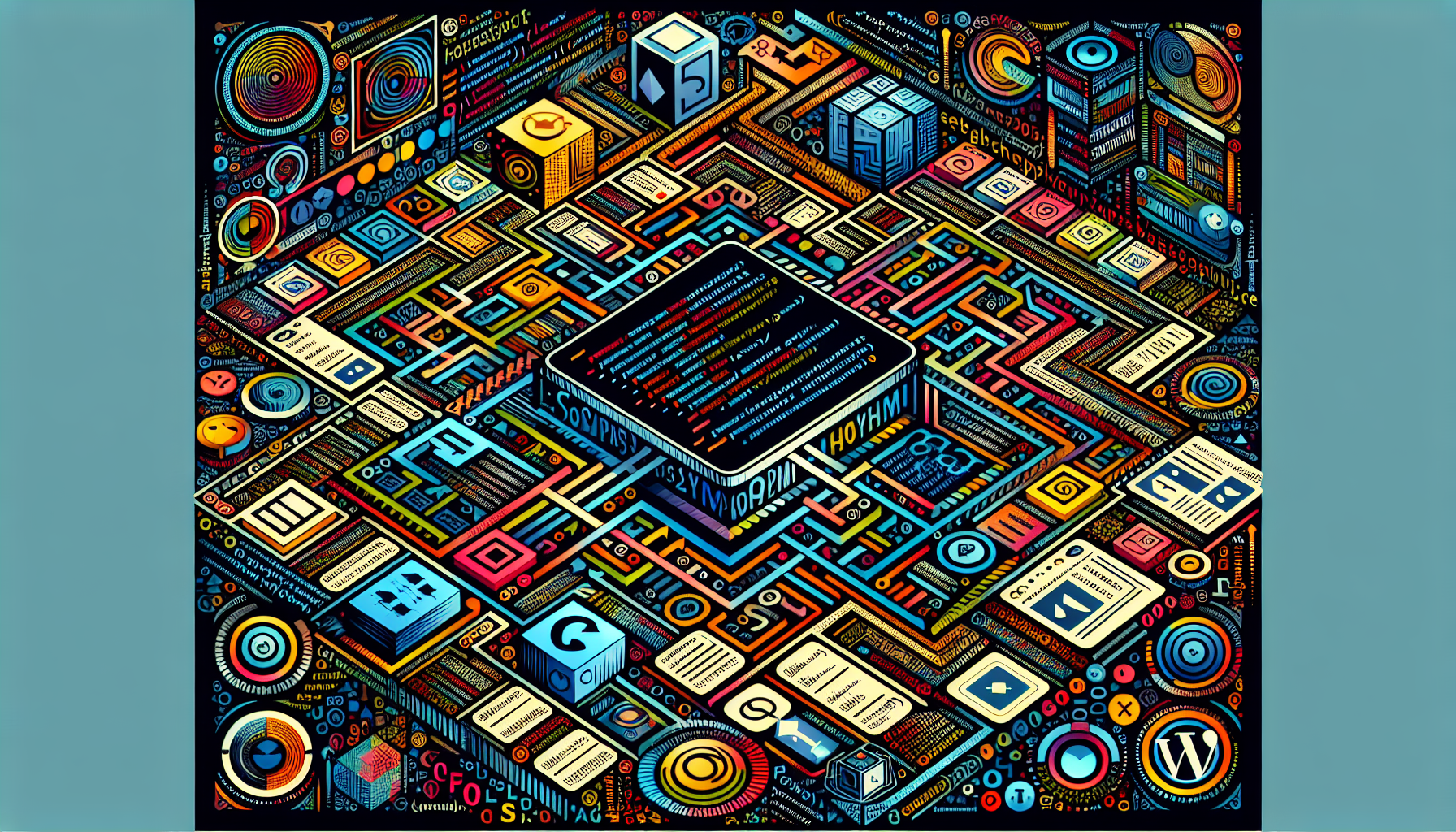 An abstract representation of PHP coding in WordPress development. The image presents a layout of a website screen, filled with symbolic coding language elements like braces, angle brackets, and semi-colons. The design is weaved in an assortment of vibrant colors representing different coding functions. Show some widgets, plugins, and permalink structures, all denoted using circular and square shapes and geometrical pathways to illustrate the connectivity and functionality. Ensure no specific brand names, logos, people, or readable text is visible.