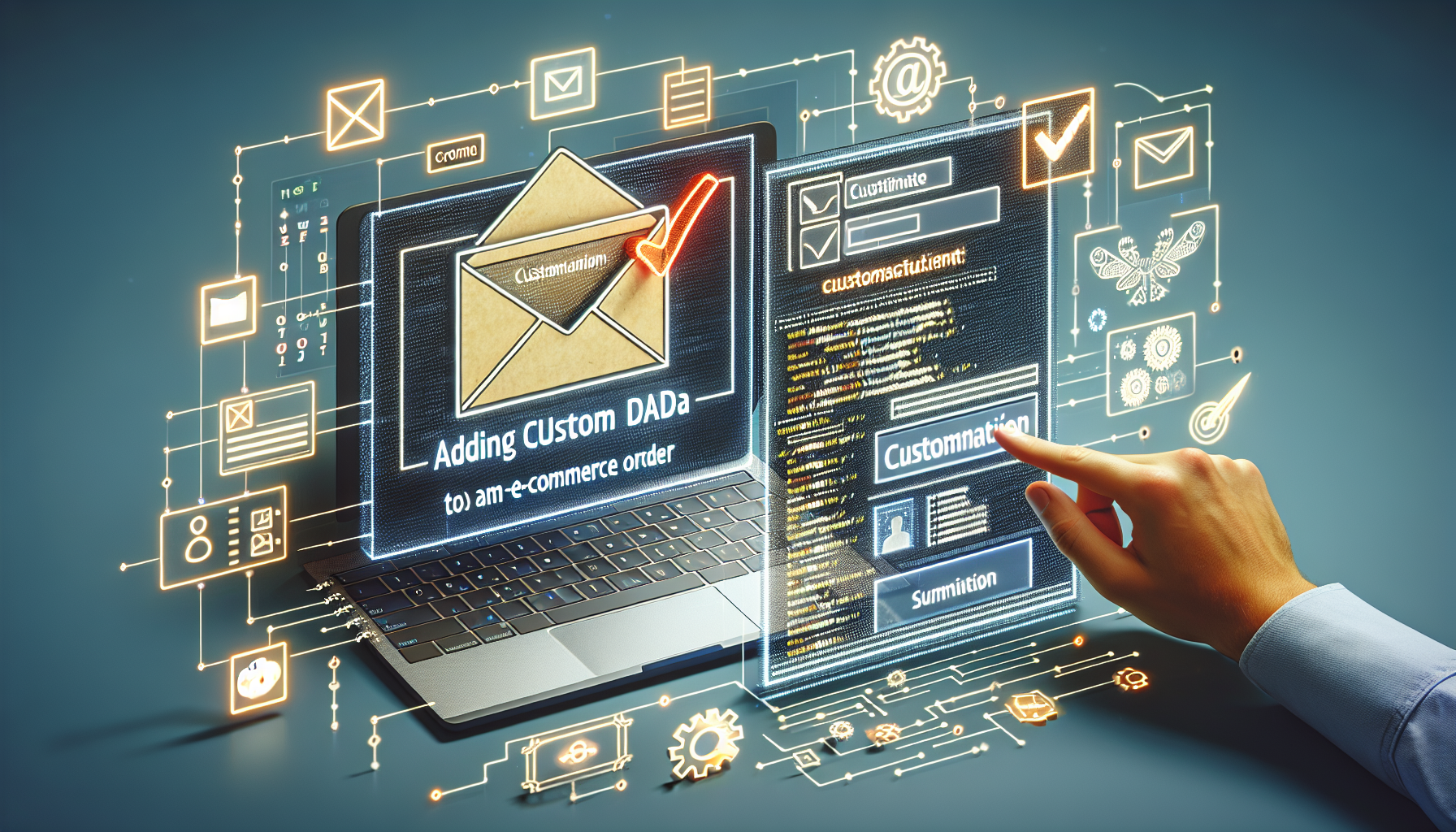 An image showcasing the digital process of adding custom data to an e-commerce order email process. The image should illustrate an abstract conceptualization of an email envelop, a digital screen, and illustrated snippets of coding or programming language in a manner that implies customization or modification. Additionally, the image should include a symbol of a completed check mark implying a successful modification of the said process. It's necessary to avoid any depictions of humans, text, brand names, or logos in the image.