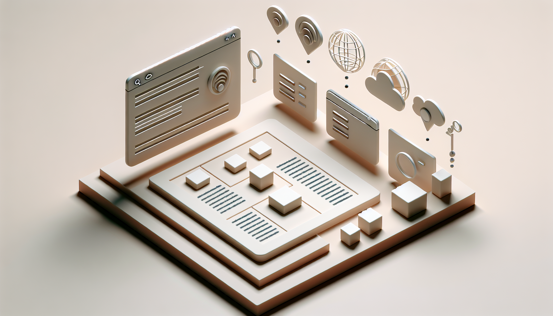 A 3D isometric view of a minimalist, neutral-toned website layout. On the left, a clean dropdown menu with symbolic representations for different post types, showing the dynamic population as items fall into place from above. On the right, an area earmarked for content, with abstract placeholders for articles shown as different geometric shapes. Above, icons representing generic internet signals float, symbolizing the idea of dynamic online changes. No people, text or brand-related items are in the picture.