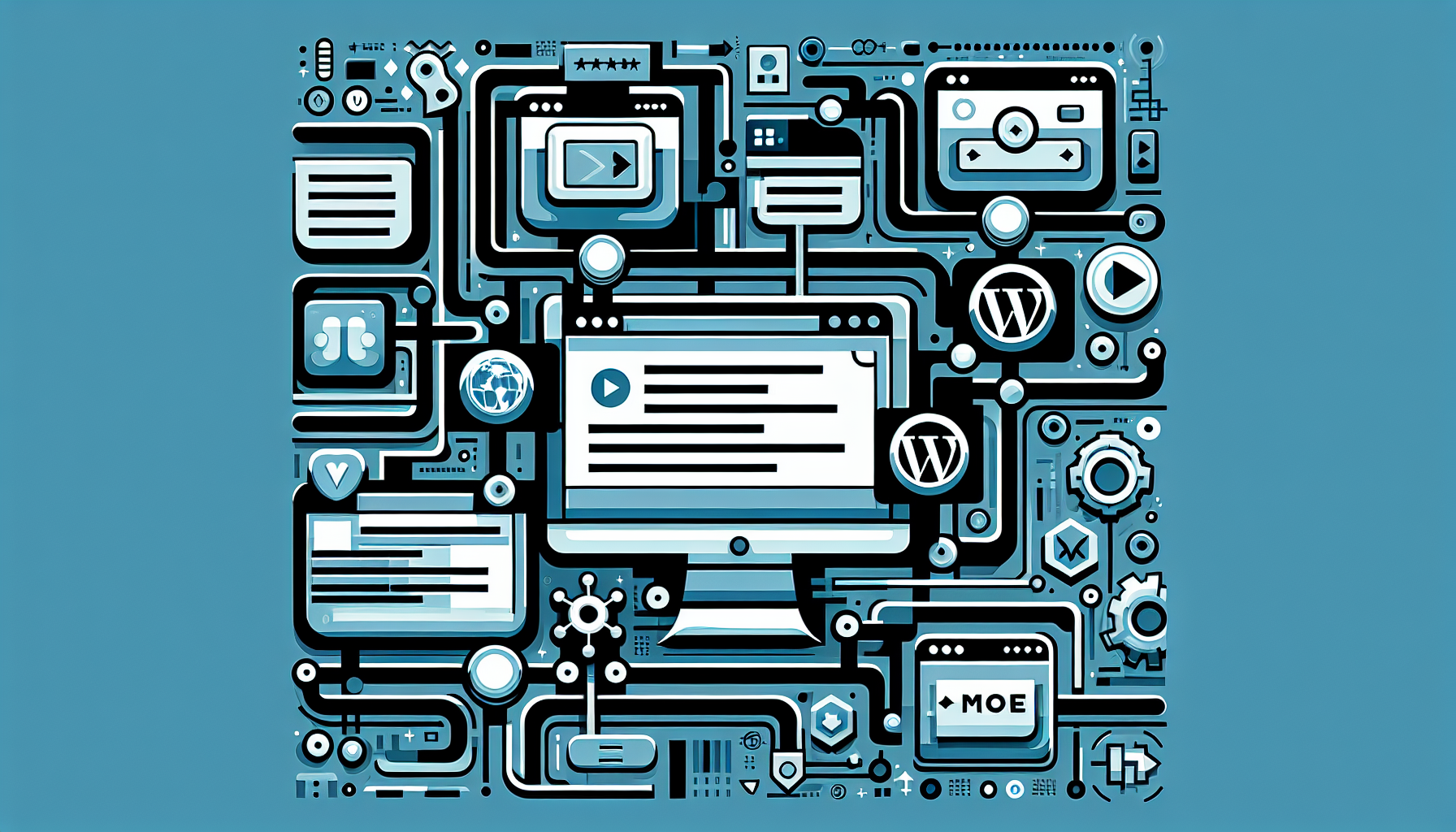 An abstract representation of the concept of customizing WordPress excerpts. Image features a stylized version of coding screens and symbols, depicting a generic function being modified or customized. There are also simplistic visual metaphors for links and connections, such as chains or interconnected nodes, combined with an abstract representation of a 'More' button, without any text elements. The color palette could benefit from the tones of blue and grey, reflecting a digital and modern atmosphere. There are no humans or specific brands present.