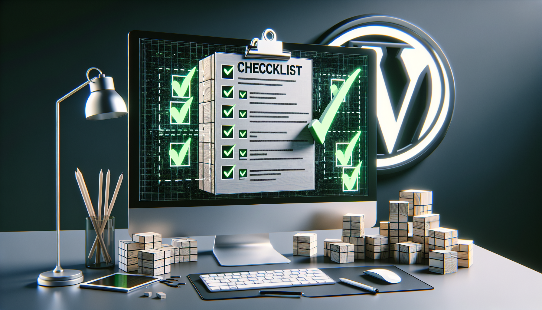 Visual representation of a contemporary digital workspace with an oversized, interactive checklist floating over a large, generic computer monitor. The checklist symbolizes GDPR compliance measures and has green checkmarks next to all entries. In the background, there's a WordPress logo represented in plain, unbranded geometric shapes. The scene is devoid of people but feels operational, with a stylus pen poised next to a digital drawing pad, and a wireless keyboard and mouse by the monitor.