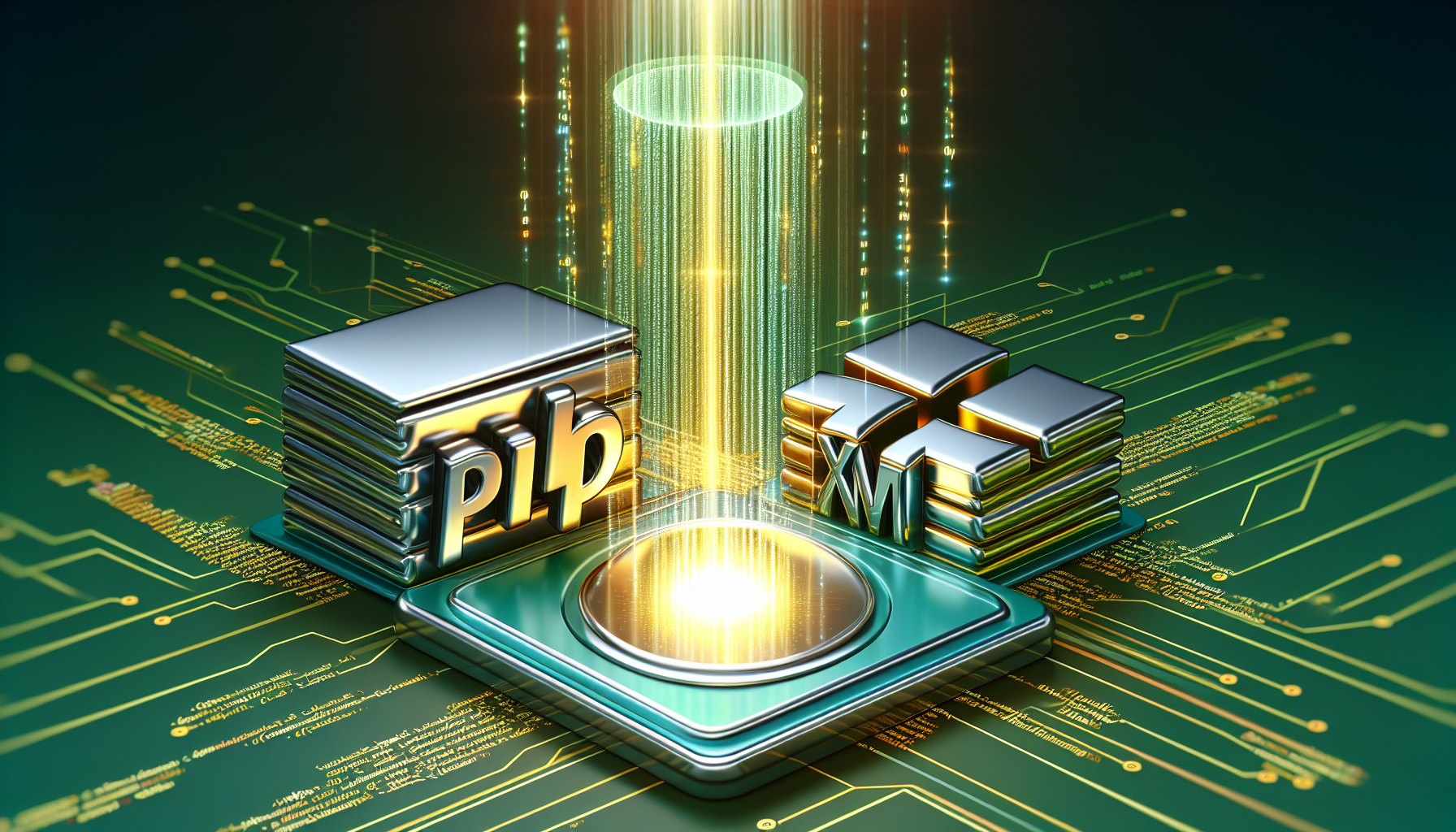 A visual representation of the interaction between PHP and XML: A symbolic image of a shiny silver PHP icon and a gold XML icon on a green digital plane. The PHP icon is parsing through a series of golden XML files that are radiating light, indicating the process of data extraction. A flow of light is shown from the PHP to XML, representing the generating process. A setting that suggests a computer programming environment with a coding texture in the background. Keep out brand names, logos, people, and text.