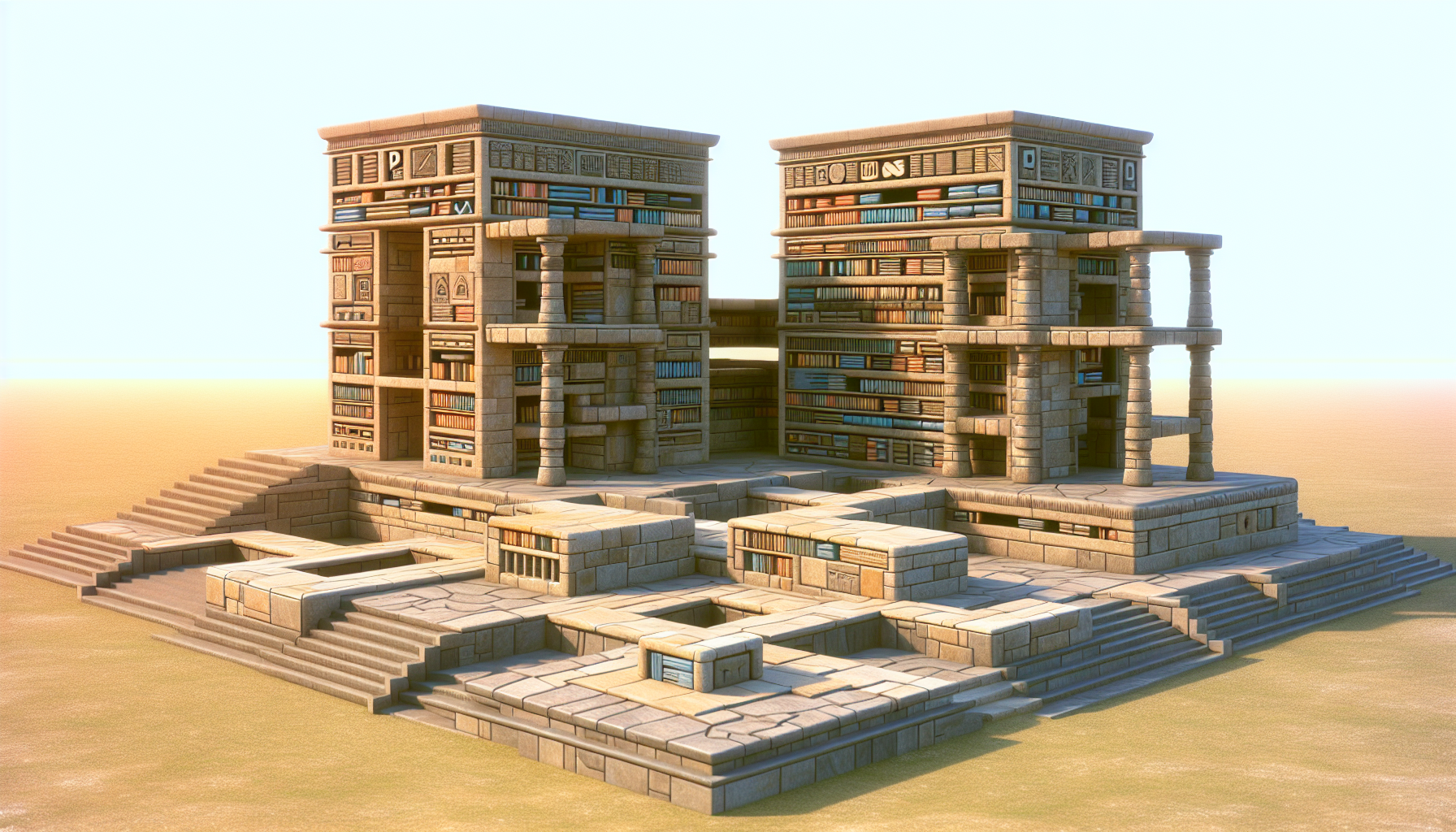 A UNESCO World Hertiage-style depiction of an abstract concept of building a simple CRUD application using PHP and MySQL, viewed from an overhead perspective. Represent PHP and MySQL with uniquely shaped and colored architectural structures. The PHP building is crafted from sandstone and marble, symbolizing pre-processing and server-side. The MySQL construction is made of granite, appearing as database storage. A network of stone cobblestone paths links the two buildings, indicating data transfer. The scene is serene and devoid of human activity. No signs of text, brand names, or logos and likewise no people.