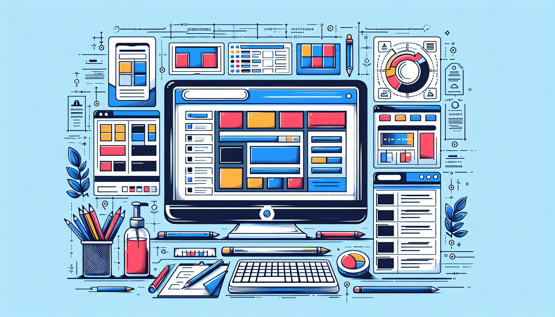 An illustration related to website creation, specifically for a customized theme options page. Display a computer screen with a generic, non-branded content management system interface open. Show various customization tools like color palettes, layout options, and module arrangers. Surround the device with blueprint-like sketches and coding language, suggesting the process of customization. Remember not to include any recognisable brand symbols, logos, or any human characters.