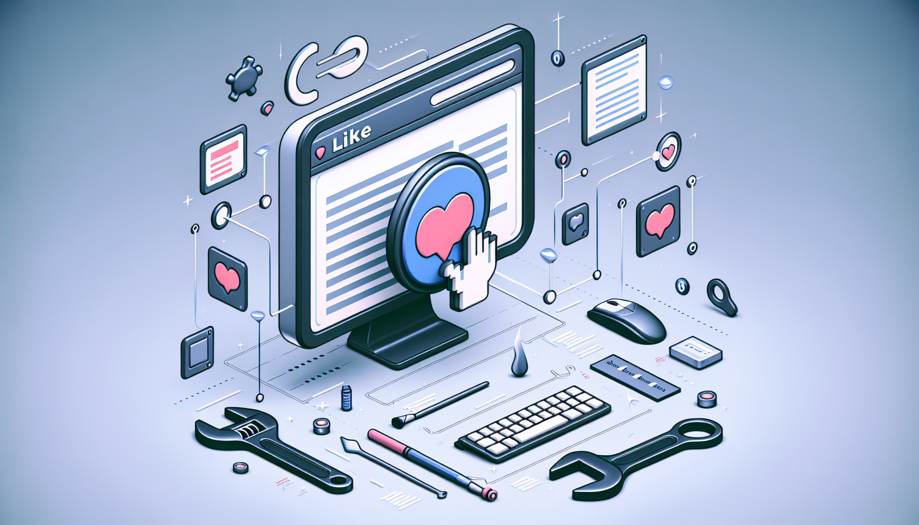 Create an abstract representation of the process to add a 'like' button to a blog post. Display in the image a plain, generic, brand-less computer screen with a blog post opened on it. Depict an abstract floating button, designed to symbolize 'liking', moving towards this generic post. Around the scenario, portray simple tools, like a wrench and a coding script, floating, symbolizing the development process. Note that no people, brand names, logos, or texts should be visible in the image.