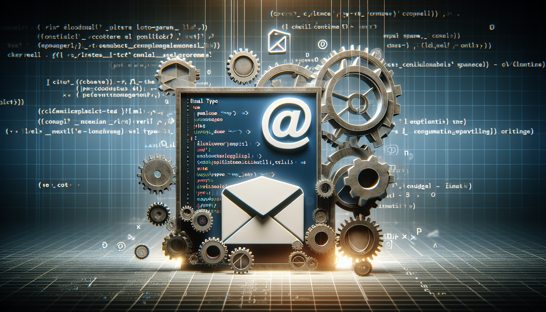 Visual representation of the process of modifying email content type in the context of a popular content management system, characterized by HTML coding symbols, a stylized envelope, and gears to symbolize system configuration changes. The scene is set against a digital backdrop that's glowing to represent the online virtual space. The layout is sleek and minimalistic, with a modern, tech-oriented aesthetic. A play of light and shadow adds depth to the image, while a muted palette of blues, whites, and grays underlines the structure and order intrinsic to programming.