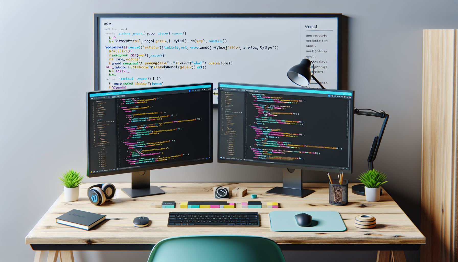 A well-organized computer workspace with a dual-screen setup displaying the code sections for enqueueing scripts and styles without text visible. There is a WordPress inspired but non-branded site design on one screen, respecting copyright without displaying any brand names or logos. The other screen displays a clean, minimalist code editor with colored syntax indicators, which indicates enqueueing of scripts and styles but with no visible text. No human presence in the image. Please ensure no text items, no brands, and no people are in the image.