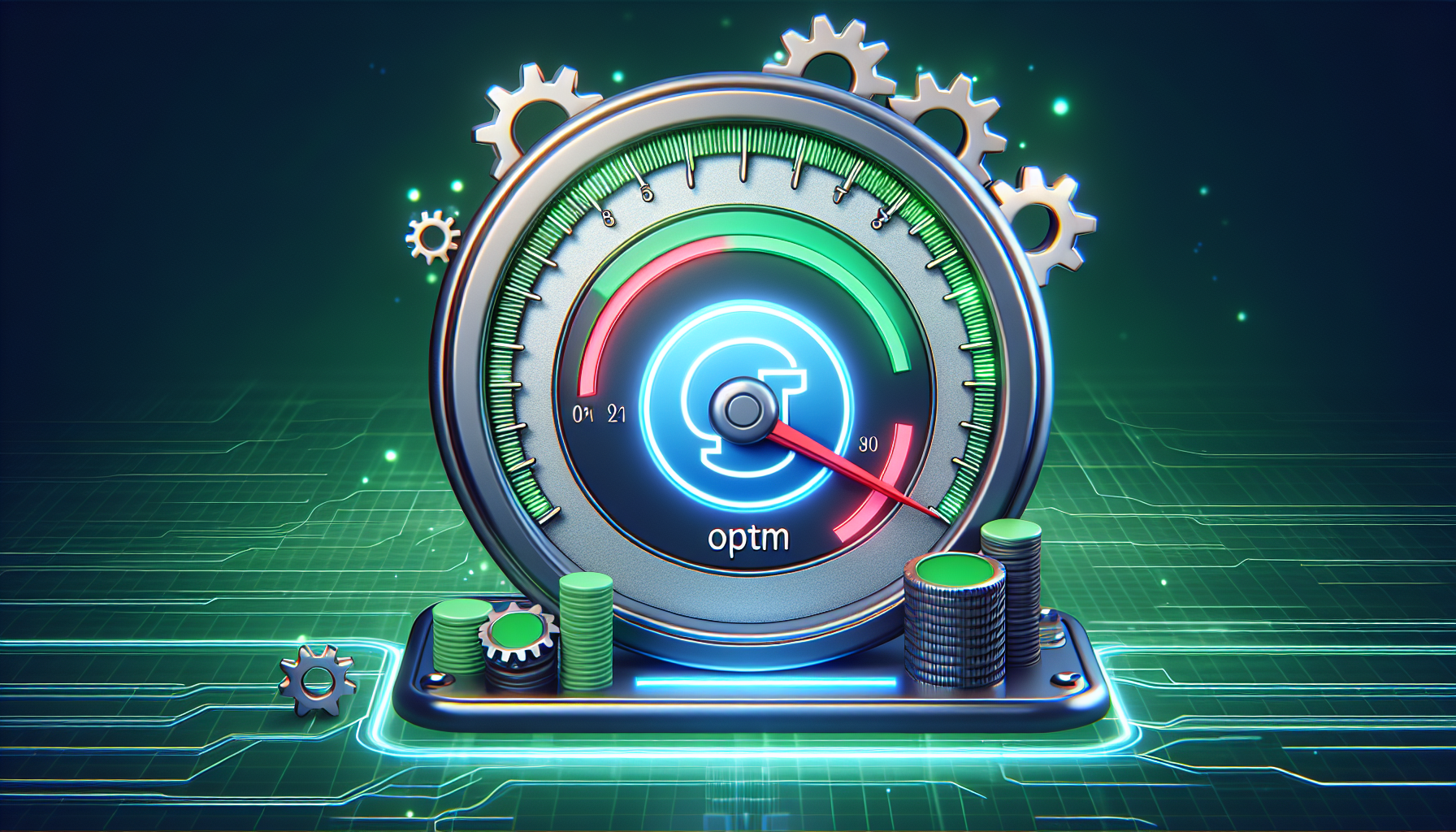 Visual representation of a computer speedometer whose dial is in the shape of the PHP logo, placed on a glowing digital background. The speedometer's dial is pointing towards the 'optimal performance' zone colored in green. There are also 3D gears around the meter, symbolizing the configuration process. Note there are no brand names or logos, and also no text anywhere in the image.