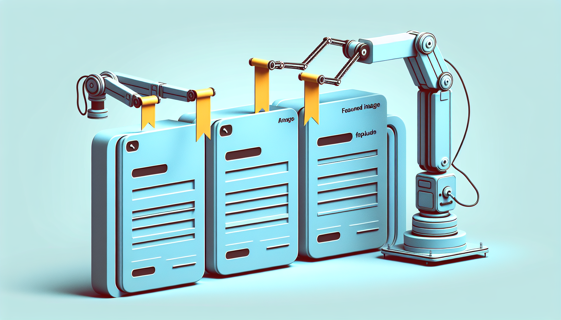 Display a conceptual illustration of automation in the context of web development. First, depict three uniformly colored rectangular shapes, each representing a simplistic version of a blog post without any text. Then, illustrate a mechanical arm reaching over from the side, placing a ribbon-like symbol, representing a featured image, onto the top of each post. The scene should have a minimalist aesthetic, no text, no logos or brand names, and no human figures.