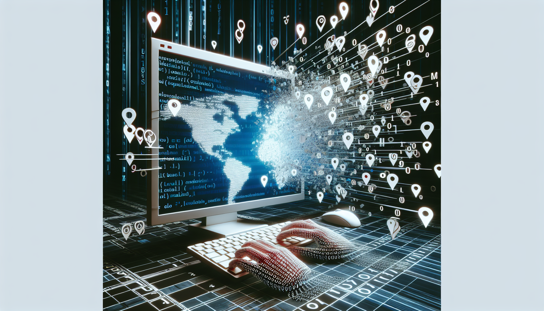 A portrayal of the conceptual process of creating a custom code for embedding a location service map into a blogging platform. The image should depict an abstract representation of keyboard keys and symbols flowing in a binary-like stream into a computer screen displaying an unspecific map. The computer screen should look modern and sleek. No brand names, logos, or people should be included in the image, as per requester's preferences. No text should be present in any form within the image.