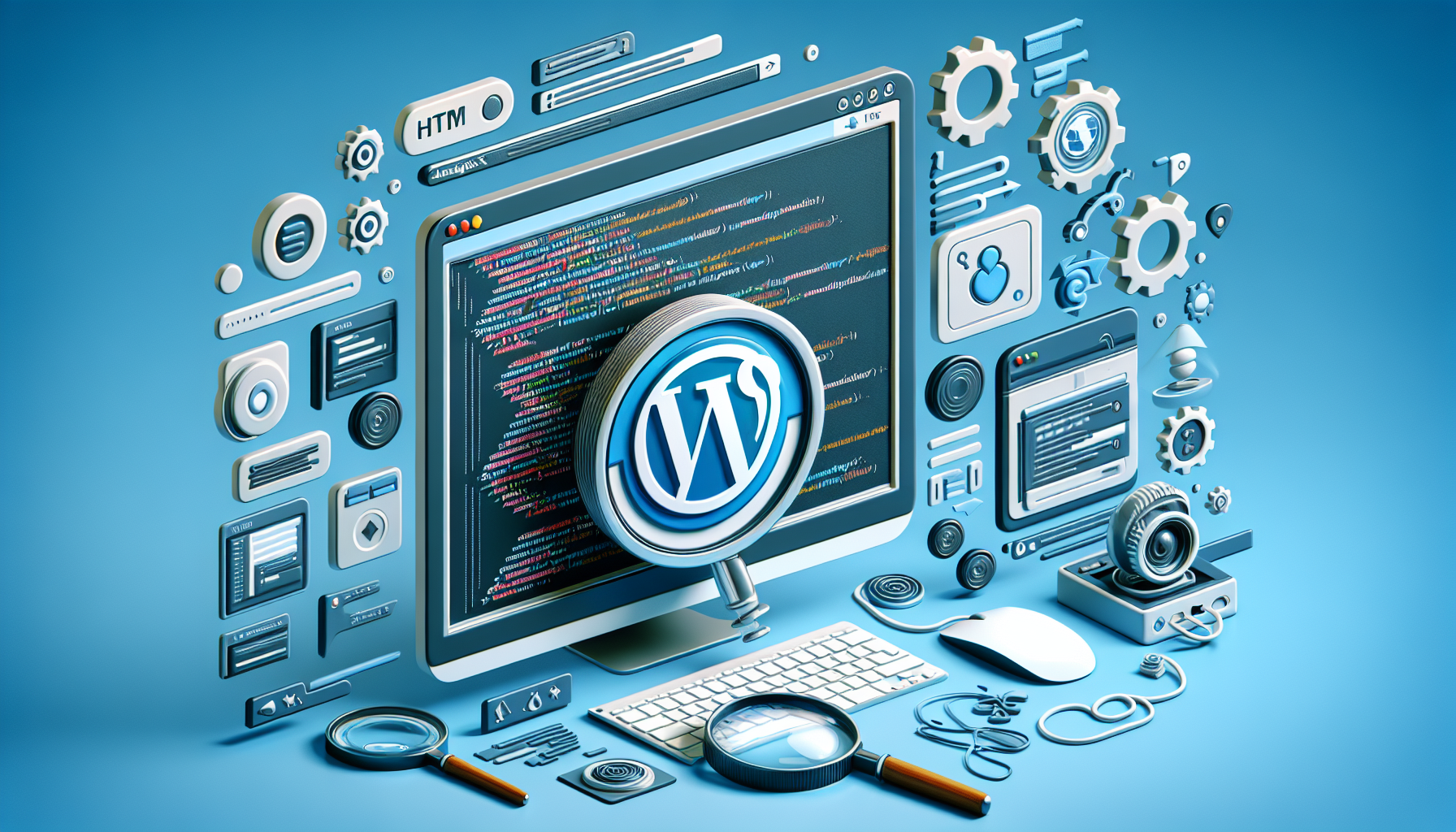 A conceptual image representing the implementation of AJAX in WordPress themes. Picture a computer screen with a stylised, brand-less web browser displaying a mockup of a WordPress-themed website. Close-up snippets of unbranded HTML and AJAX code swirl around the browser window, symbolising their integration. Advanced tools, such as magnifying glasses, gears, and digital arrows, hover nearby, showcasing the systematic process of the correct method. The colour scheme leans towards classic tech blues and greys. All elements are void of any text, brand names, logos and people.