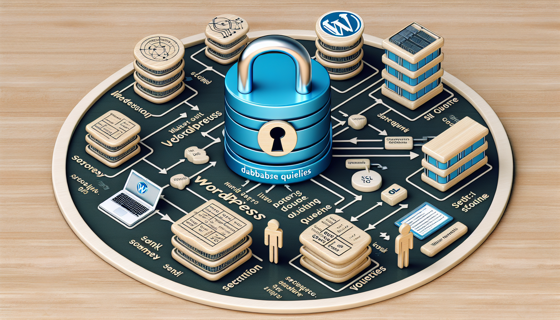 An image illustrating the concept of making direct database queries safely in WordPress without direct representation of any brand names, logos or people. Include a visual metaphor of a padlock, implying safety, over a symbolic representation of a database, gathered around with various generic server and network infrastructure. Ensure to provide context by including elements such as a laptop screen showing the WordPress logo on the top corner, a stick diagram of a database and a representation of SQL code. Avoid people and any textual content.