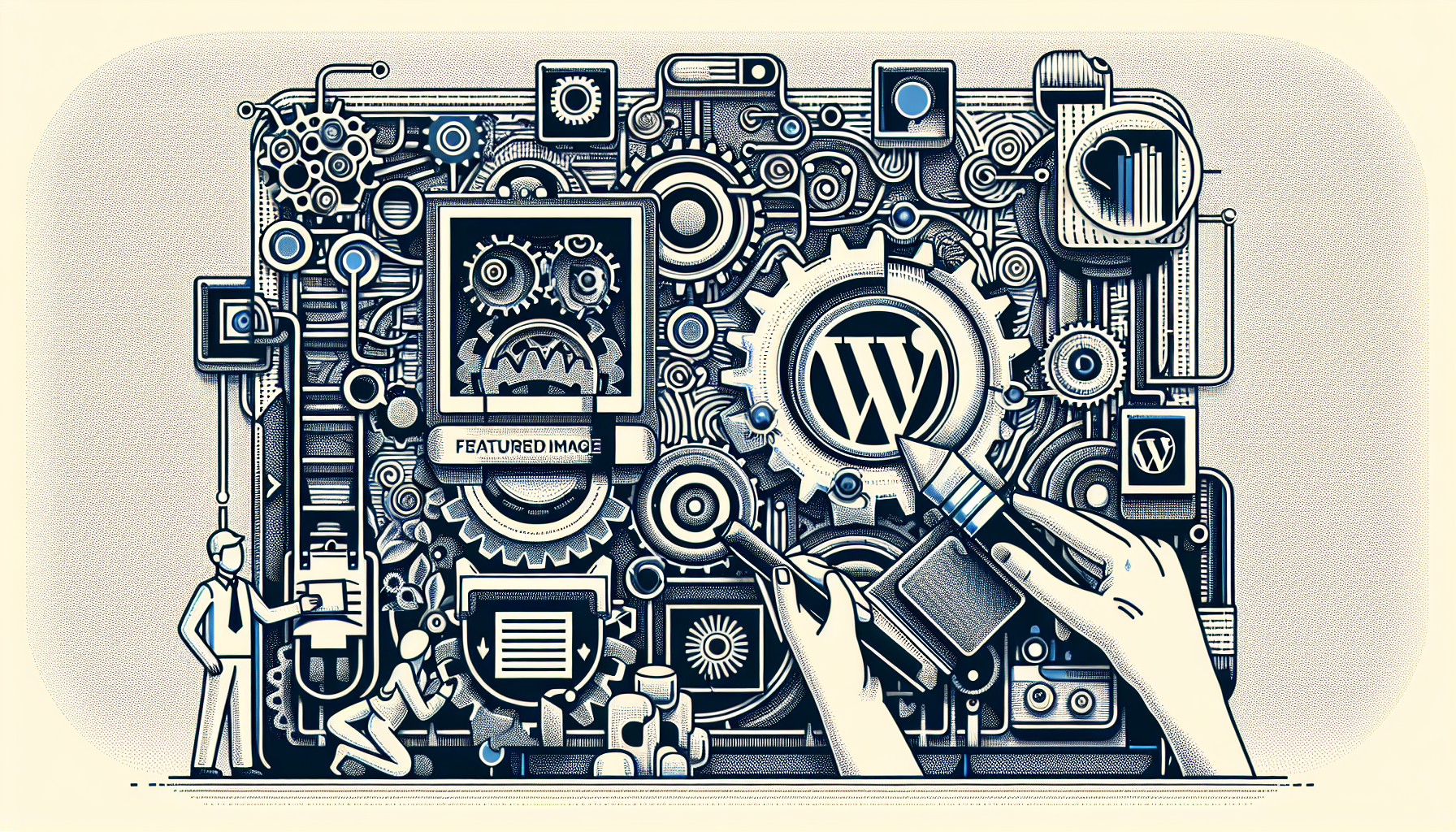 An intricate illustration depicting the process of setting and removing featured images in WordPress, without the use of text, copyright content, or human figures. The scene is filled with graphic metaphors, like gears manipulating a photograph symbolizing the feature image, and an eraser symbolizing the removal of the image. An abstract representation of WordPress should be shown, possibly a circle with smaller dots attached, symbolizing the modular structure of WordPress themes, without infringing on brand copyrights. There should be no text in the image.