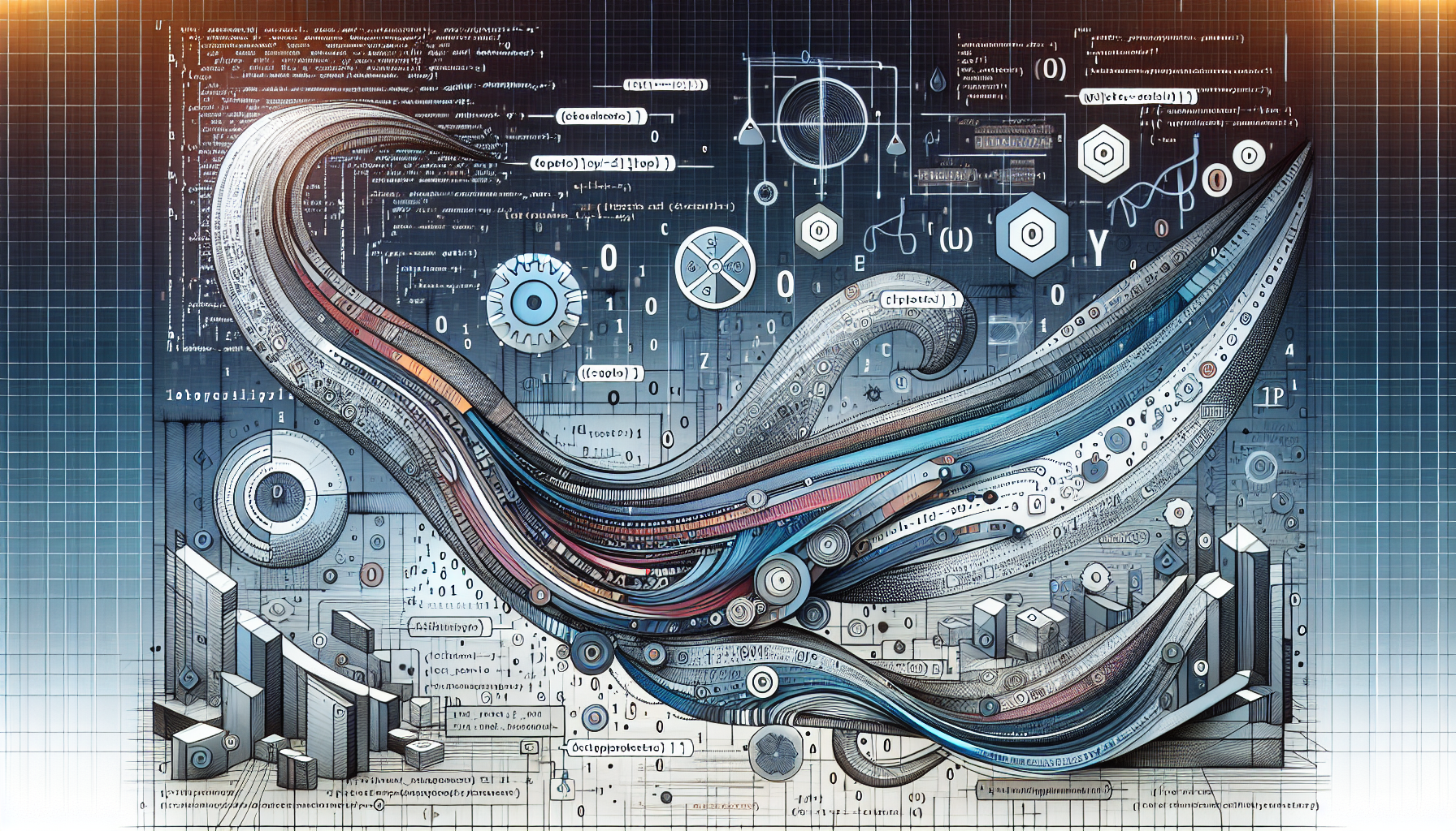 An image representing the concept of PHP Variables without mentioning any text. The image should depict a visual metaphor for defining and using variables in coding, such as an abstract representation of a code editor with symbolic codes and brackets, flowing streams of 1s and 0s to represent binary code, or symbolic icons like a gear for functions. The overall atmosphere is to convey a sense of structure and organization.
