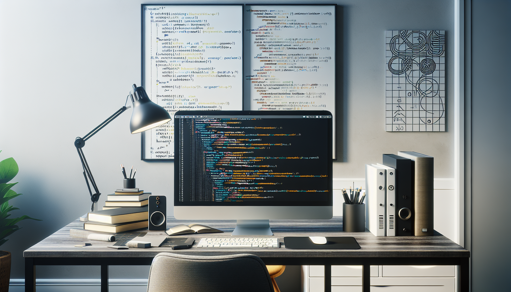 A meticulously organized and clean office workspace with a modern computer on the desk, a mouse, and a keyboard. The screen showcases neat lines of code, abstractly representing the PHP language, without any explicit words or brand names visible. Nearby are a few programming books, its covers void of titles, symbols, or brand names, their pages open displaying non-descript code lines. On the wall behind the workspace, there is hanging poster with abstract designs hinting at clean and maintainable coding patterns. The overall setting is well-lit, symbolizing clarity and focus.