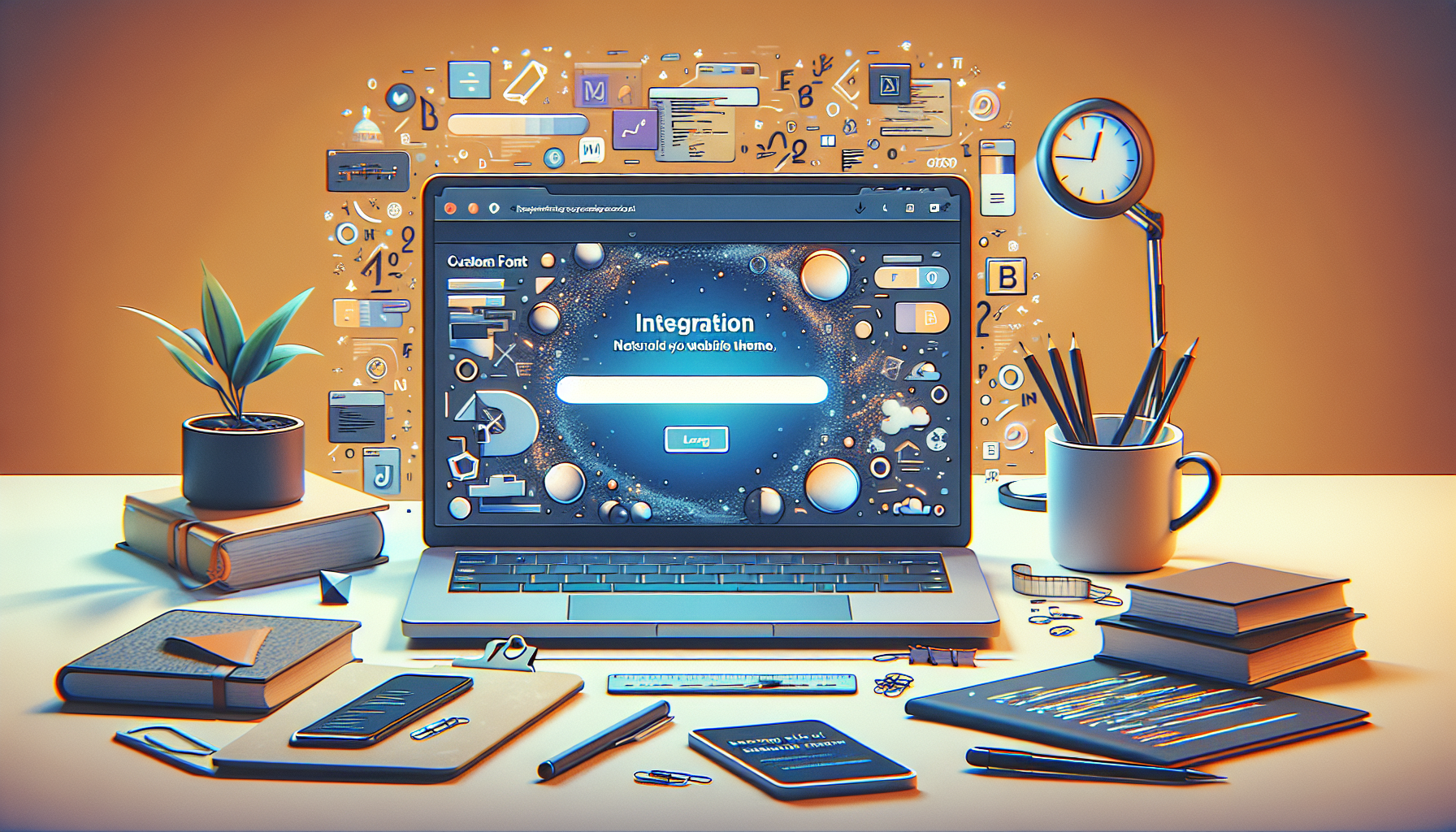 A digital illustration portraying a process of integration in a website theme. The scene is a desk with a laptop open, displaying a non-branded and text-less abstract website design. Let the screen slightly glow to signify it being active. Beside the laptop, scatter some generic coding books, pens, a coffee mug, and a small desk plant. To symbolize the custom font loader, feature a loading bar, which contains abstract glyphs instead of the usual loading progress. Everything should reflect a harmonious workflow of web development without featuring any people, brands, or text.