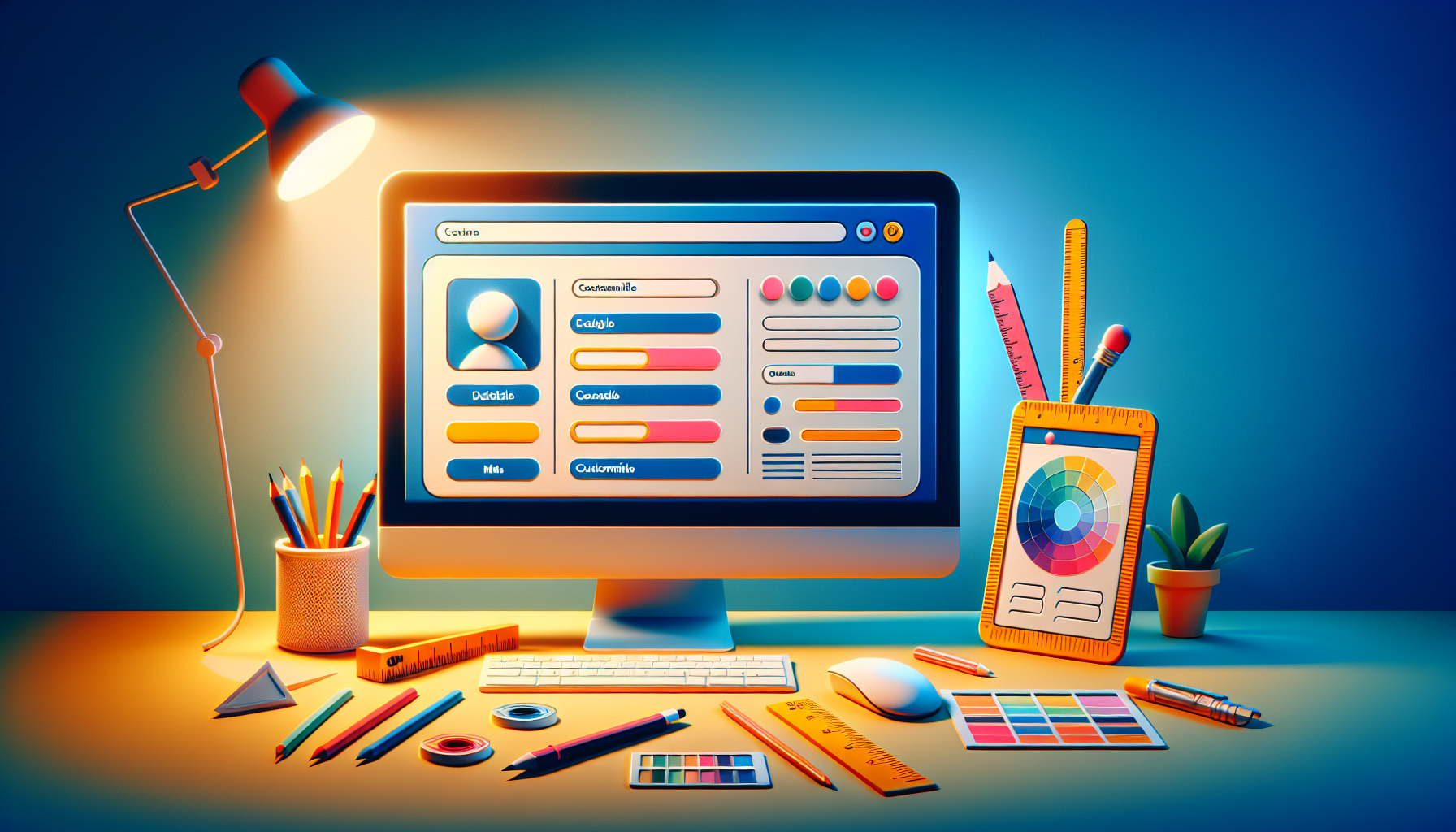 An image illustrating the concept of customizing user profiles. Picture a desktop computer screen with a generic, non-branded content management system interface displayed. It is colorful and friendly, indicating the customizable aspect. On this interface, several editable fields are visibly emphasized, with some empty fields suggesting the feature of adding or customizing them. Beside the computer, there are design tools like a pencil, ruler, and color palette, representing the customization process, all without a brand name or logo. A light source is casting a warm glow over the setting, creating a motivating atmosphere.