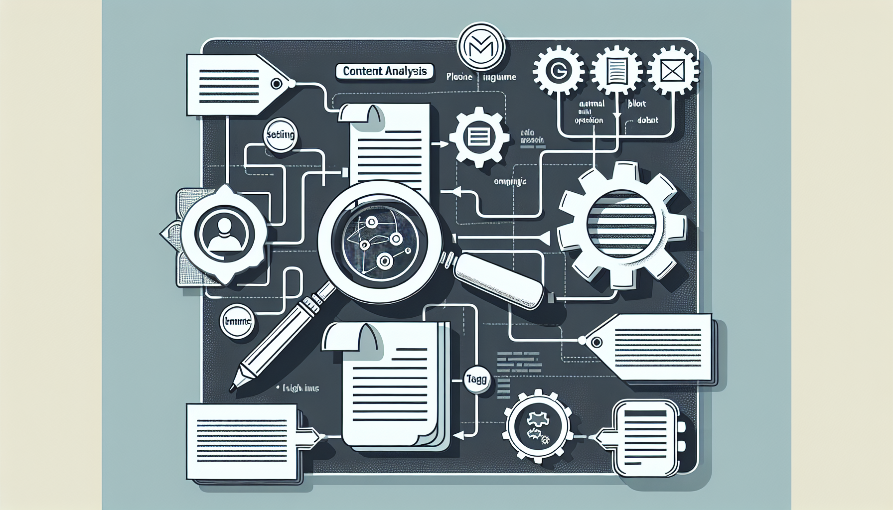 An illustration showing a composition symbolic of content analysis for a blog. A magnifying glass hovering over a paper, highlighting words, indicating content analysis. There's a system of gears interlocked with various document icons indicating the automatic operation. Additionally, a flowchart on the side with blank labels indicates the process of tagging. Please exclude any human figures, text, brand names, and logos from the image.