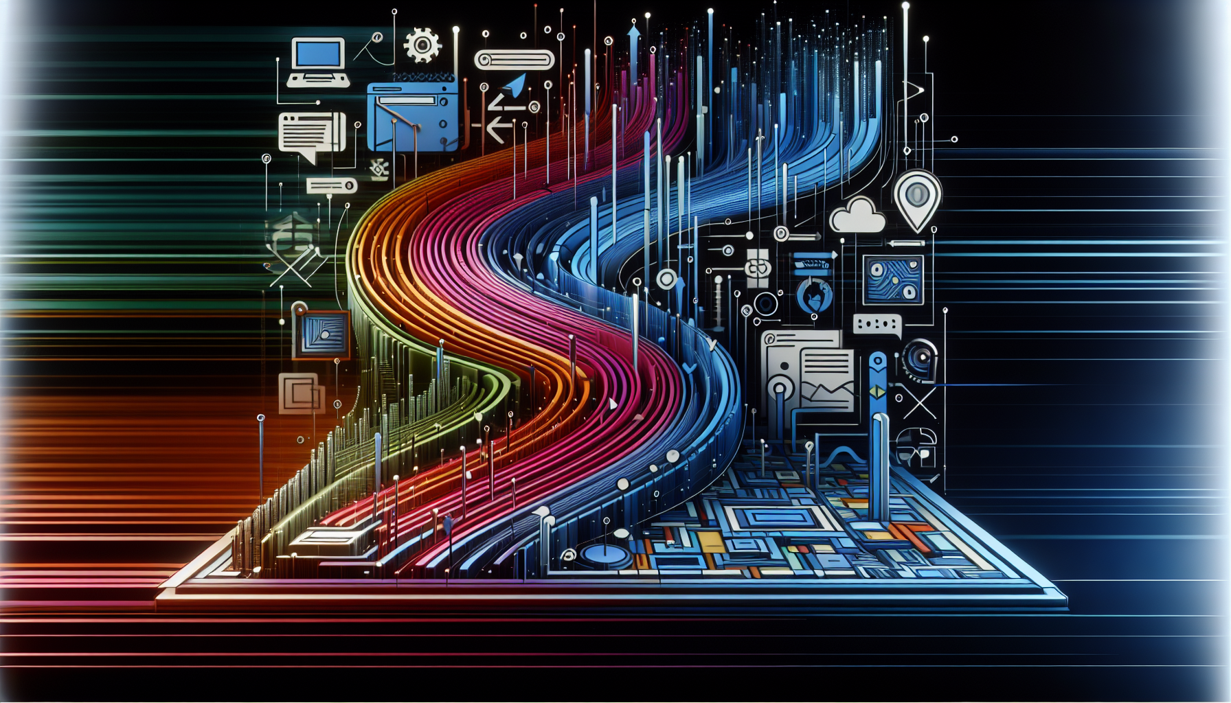 An abstract image which visually represents the concept of improving site navigation through dynamic breadcrumb function. The image features a stylized visual of a website with cleverly abstracted elements such as a search bar, menu items, and breadcrumb trail with shifting pathways, which dynamically adjust, emphasizing the adaptability of the function. It's a digital interface environment filled with a vibrant color gradient to signify its dynamic nature. The image doesn't contain any text, people, brand names, or logos.