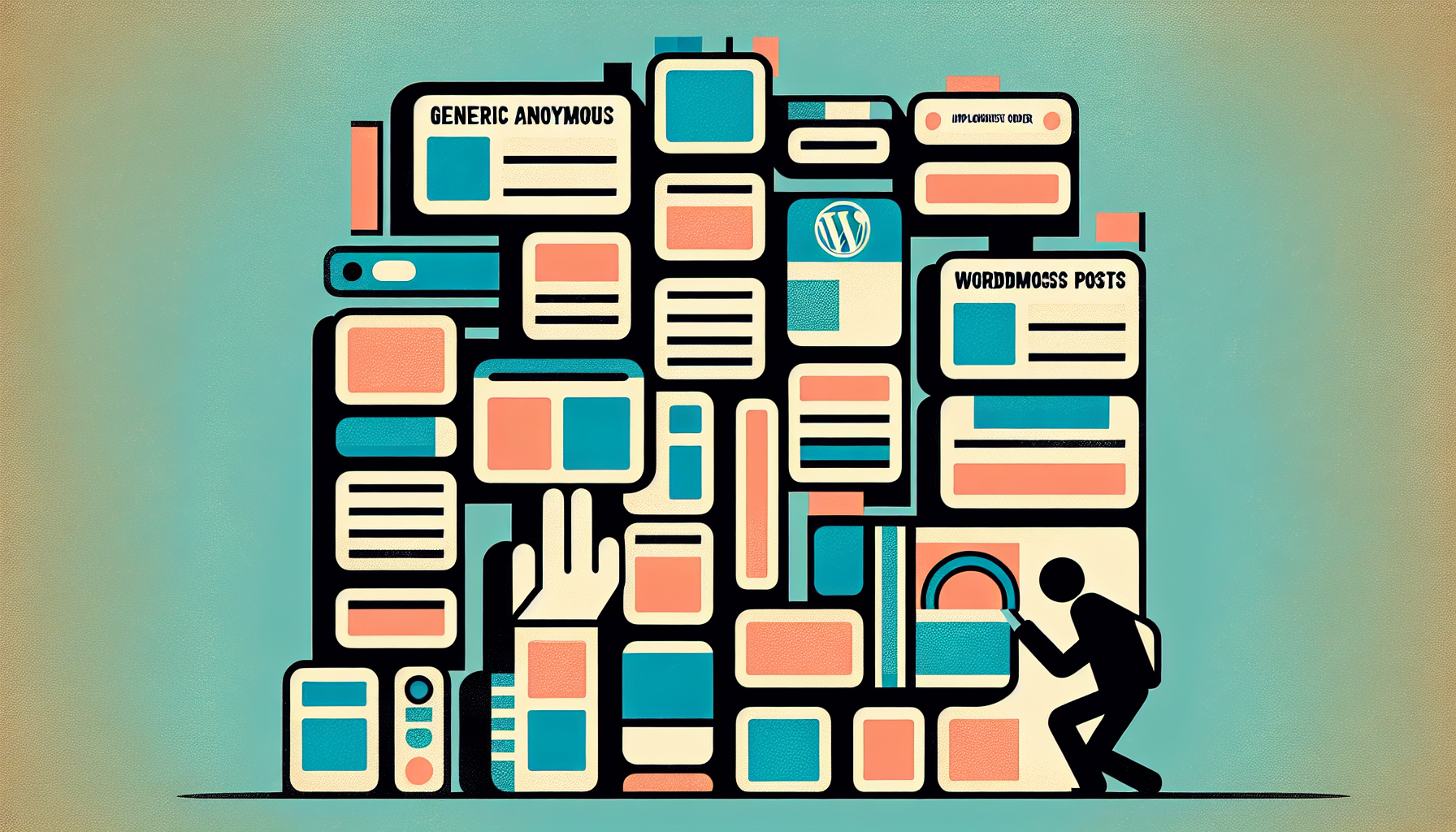 An abstract representation of the concept behind implementing custom sort orders for WordPress posts. The image should show the concept of sorting order with generic anonymous posts and arranging them in a custom order, depicted as different colored rectangles or squares, symbolizing different posts. They should appear to be manually arranged by a hand or some form of digital pointer. Use neutral colors and ensure no people, brand names, or logos are included. There should also not be any text within the image, nor on objects within the image.