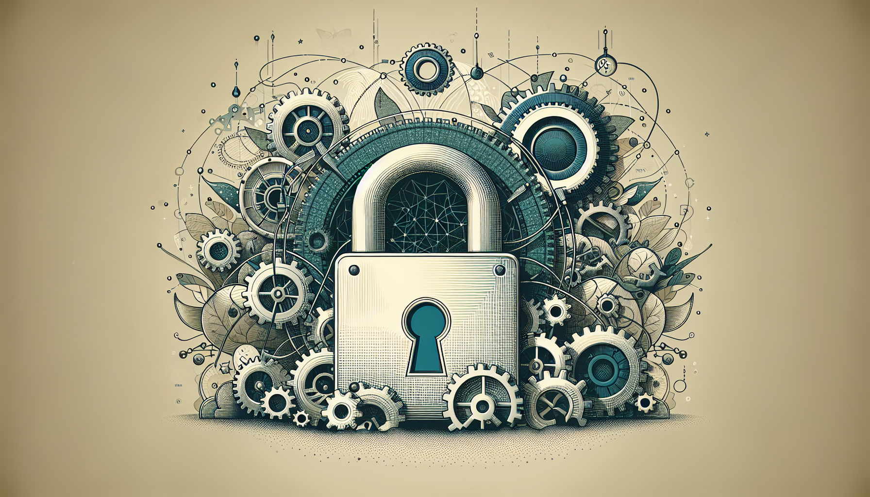 Generate an intricate illustration related to web security. Depict a large padlock representing 'security' and different cogs and gears surrounding it depicting 'enhancement'. Show an ethereal .htaccess file hovering above the padlock to signify its usage in WordPress security. Ensure all elements are abstract, and no text or brand logos are visible. The overall scene should be neutral-toned except for the .htaccess file which should be teal to signify its importance.