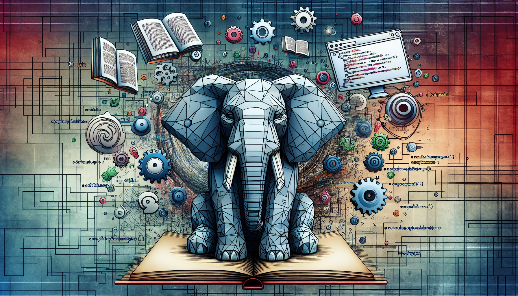A symbolic representation of an abstract coding process. At the center, the PHP elephant logo, but stylized to avoid copyright, placed over a sheet of parchment. Around it, two floating books with their pages fluttering, symbolizing libraries. At the top right, a transparent browser window showing generic code snippets. At the bottom left, a series of interconnected mechanical gears, denoting techniques. Background consists of abstract geometric patterns to suggest a digital environment. Everything is portrayed with vibrant yet professional colors.