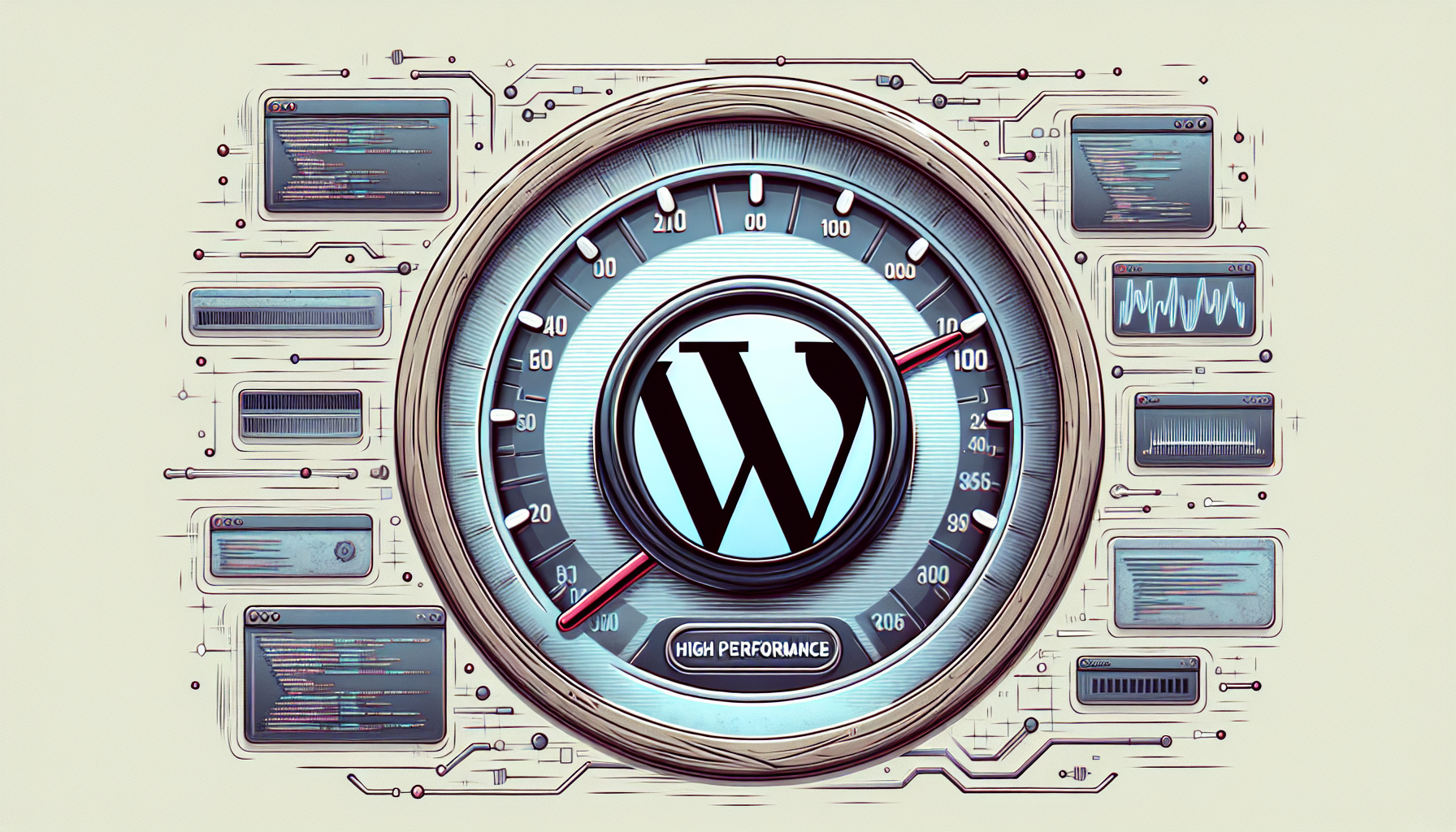 An illustration of a WordPress logo behind a semi-transparent speedometer pointing to the 'high' section, indicating high performance. Around the WordPress symbol, are faded digital elements and code snippets, representing the sophisticated technology involved in optimizing the website performance. In one portion of the image, there's a series of images: they are grayed out initially and progressively become vivid, depicting the procedure of lazy loading with the last image fully highlighted, showing the optimization effect.