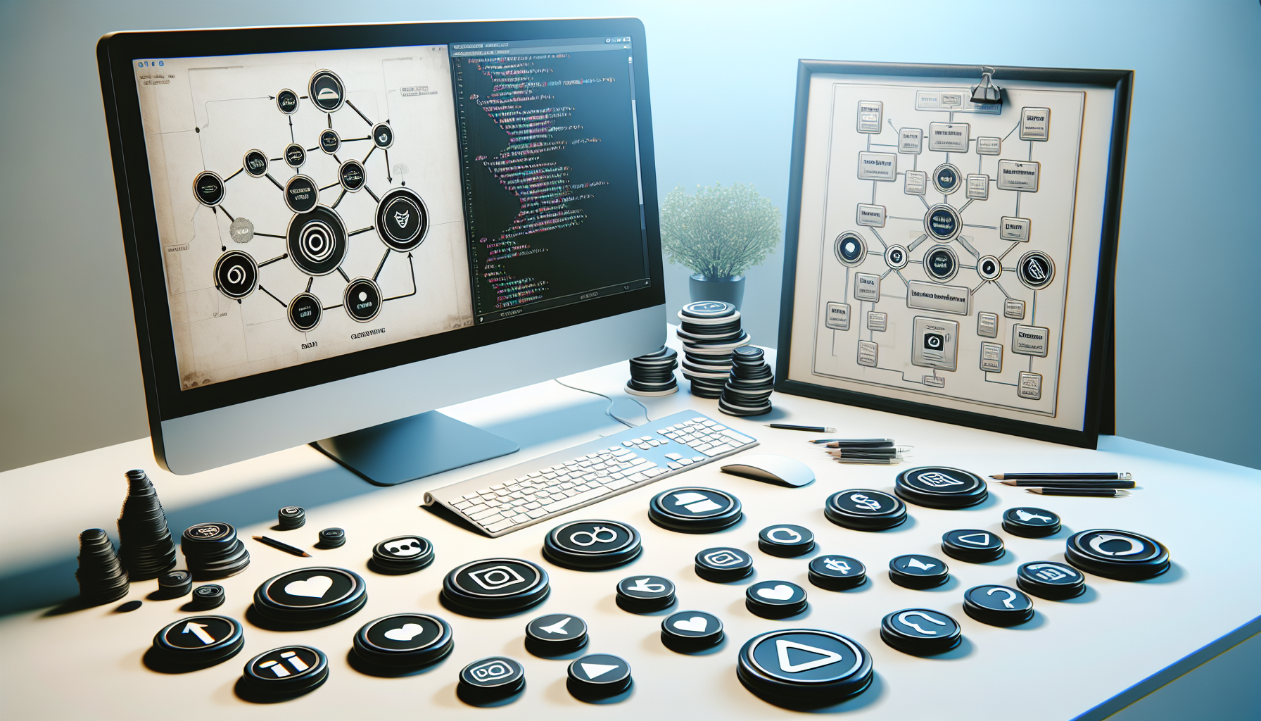 Visual representation of a creative process involved in crafting a plugin specifically for a content management system. The scene includes a personal computer displaying a generic coding interface. A flow chart is nearby showing the general structure and functionality of the plugin, as well as a variety of button designs, all devoid of brand names, logos or text. These buttons show recognizable but generic and unbranded symbols associated with sharing content on social media platforms, such as a stylized 'share' arrow or interconnected network nodes. The setting should be a bright, clean, precise, and professional workspace.