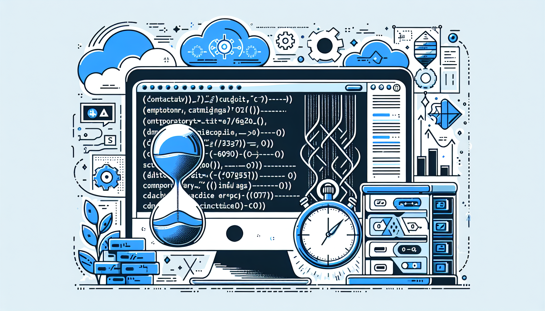 Illustration of a computer screen displaying a coding interface, with lines of code indicating data caching strategies. Next to the screen, there's a stopwatch indicating the temporary nature of caching. Also pictured are abstract shapes and symbols related to temporary storage, such as an hourglass, and conceptual symbols for data caching like a flow chart and server racks, all devoid of any logos, brand names, or text.
