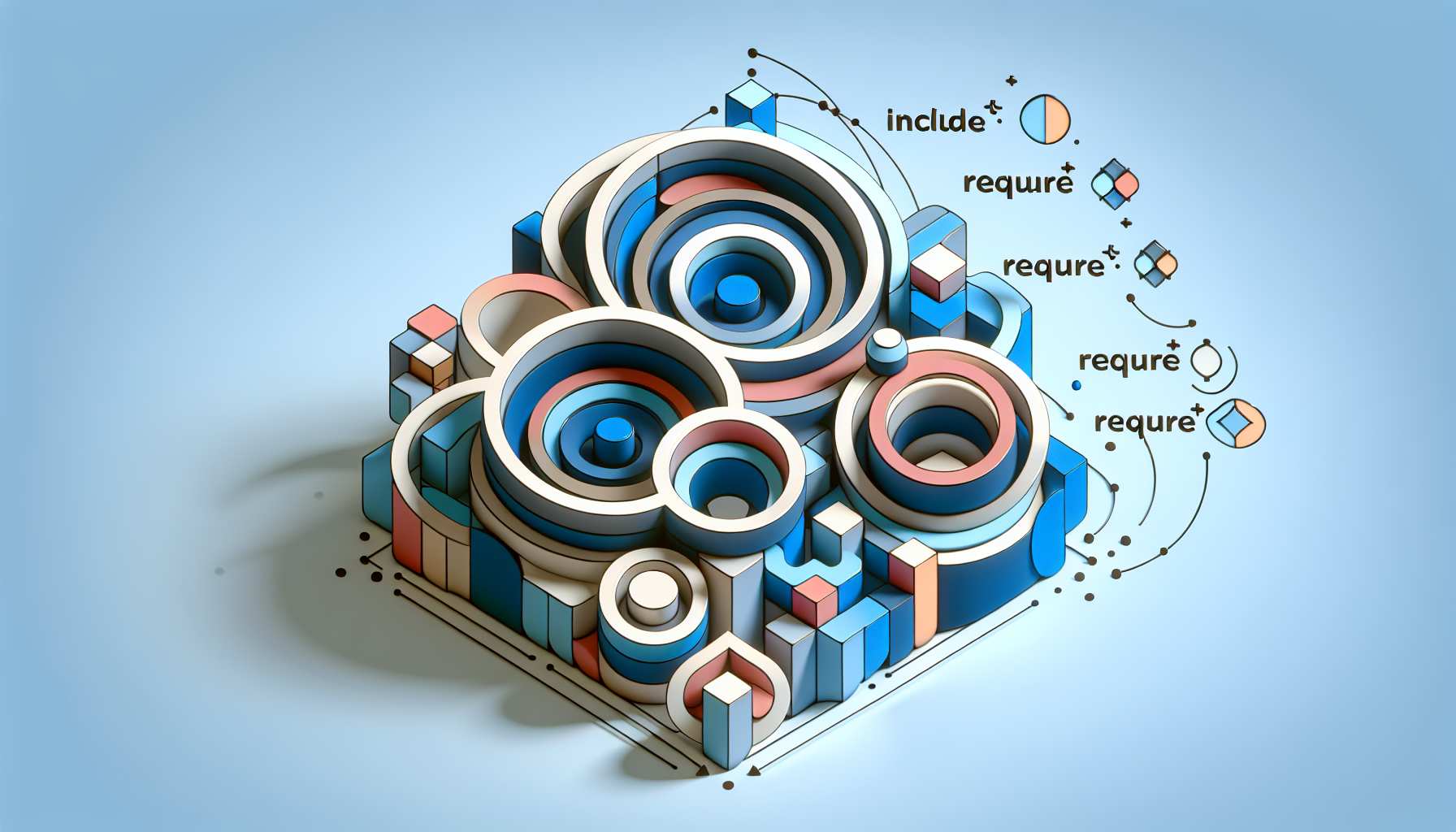 An abstract representation of PHP file inclusion concept showing the process of code reusability. Visualize include() and require() operations as geometric shapes, such as circles and squares interlocking or intertwining in a 3D space. Remember, the image needs to be devoid of people, texts and brand logos. It should be more symbolic and abstract, relying on shapes and color coding for differentiating between include() and require() operations. The overall color theme could be light hues of blue, representing the PHP language.